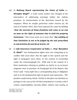(ix) In Railway Board representing the Union of India vs.
Niranjan Singh53
, a trade union worker was charged of the
misconduct of addressing meetings within the railway
premises, in contravention of the directions issued by the
employer. When he sought protection under clauses (a), (b)
and (c) of Article 19(1), this Court rejected the same by holding
“that the exercise of those freedoms will come to an end
as soon as the right of someone else to hold his property
intervenes.” This Court went on to state that “the validity of
that limitation is not to be judged by the test prescribed
in sub­Articles (2) and (3) of Article 19”.
(x) In Life Insurance Corporation of India vs. Prof. Manubhai
D. Shah54
, two fundamental rights were not competing or in
conflict with each other. But the right to free speech and the
right to propagate one’s ideas, in the context of censorship
under the Cinematograph Act, 1952 and in the context of a
State institution refusing to publish an Article in an in­house
magazine were in question. In Paragraph 23 of the Report, this
Court said: “every right has a corresponding duty or obligation
and so is the fundamental right of speech and expression. The
freedom conferred by Article 19(1((a) is therefore not absolute as
perhaps in the case of the US First Amendment: it carries with it
certain responsibilities towards fellow citizens and society at
53(1969) 1 SCC 502
54 (1992) 3 SCC 637
68
 