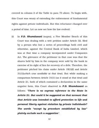 covered in column 2 of the Table in para 73 above. To begin with,
this Court was weary of extending the enforcement of fundamental
rights against private individuals. But this reluctance changed over
a period of time. Let us now see how the law evolved:
(i) In P.D. Shamdasani (supra), a Five Member Bench of this
Court was dealing with a writ petition under Article 32, filed
by a person who lost a series of proceedings both civil and
otherwise, against the Central Bank of India Limited, which
was at that time a company incorporated under Companies
Act. The grievance of the petitioner in that case was that the
shares held by him in the company were sold by the bank in
exercise of its right of lien for recovery of a debt. Therefore, the
petitioner pitched his claim under Article 19(1)(f) and Article
31(1)(which was available at that time). But while making a
comparison between Article 31(1) (as it stood at that time) and
Article 21, both of which contained a declaration in the same
negative form, this Court observed in P.D. Shamdasani as
follows: “There is no express reference to the State in
Article 21. But could it be suggested on that account that
that Article was intended to afford protection to life and
personal liberty against violation by private individuals?
The words “except by procedure established by law”
plainly exclude such a suggestion”.
97
 