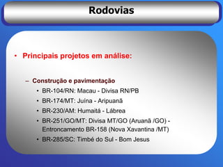 Rodovias



• Principais projetos em análise:


   – Construção e pavimentação
      • BR-104/RN: Macau - Divisa RN/PB
      • BR-174/MT: Juína - Aripuanã
      • BR-230/AM: Humaitá - Lábrea
      • BR-251/GO/MT: Divisa MT/GO (Aruanã /GO) -
        Entroncamento BR-158 (Nova Xavantina /MT)
      • BR-285/SC: Timbé do Sul - Bom Jesus
 