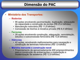 Dimensão do PAC

• Ministério dos Transportes:
   – Rodovias
      • 95 ações envolvendo pavimentação, duplicação, adequação
        de capacidade e construção de pontes (R$ 23,4 bilhões)
      • Manutenção rodoviária (R$ 11,8 bilhões)
      • Concessão de trechos à iniciativa privada (R$ 8,4 bilhões)
   – Ferrovias
      • 28 ações envolvendo construção, adequação, remodelação,
        estudos e subconcessão ferroviária (R$ 13,6 bilhões)
   – Hidrovias
      • 42 ações, envolvendo melhoramentos para navegação e
        construção de terminais hidroviários (R$ 1,9 bilhão)
   – Marinha mercante e construção naval
      • Financiamento de aproximadamente 400 empreendimentos
        para a construção de embarcações e implantação e
        modernização de estaleiros (R$ 12,9 bilhões)
 