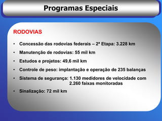 Programas Especiais


RODOVIAS

• Concessão das rodovias federais – 2ª Etapa: 3.228 km
• Manutenção de rodovias: 55 mil km
• Estudos e projetos: 49,6 mil km
• Controle de peso: implantação e operação de 235 balanças
• Sistema de segurança: 1.130 medidores de velocidade com
                        2.260 faixas monitoradas
• Sinalização: 72 mil km
 