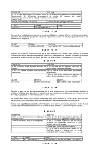 CREDITOS                                           DEBITOS
a. Por el valor del efecto en el impuesto, como    a. Por el valor de los traslados o amortizaciones
consecuencia de diferencias temporales             a la cuenta del impuesto por pagar,
originadas por exceso de la utilidad contable      periódicamente.
sobre la fiscal.
b Por el valor del ajuste por inflación            b. Por el valor del ajuste por inflación.

CLASE                            GRUPO                              CUENTA
2. PASIVO                        28 OTROS PASIVOS

                                           DESCRIPCION

Comprende el conjunto de cuentas que se derivan de obligaciones a cargo del ente económico, contraías en
desarrollo de actividades que por su naturaleza especial no pueden ser incluidas apropiadamente en los
demás grupos del pasivo.


CLASE                   GRUPO                         CUENTA
2. PASIVO               28 OTROS PASIVOS              2805 ANTICIPOS Y AVANCES RECIBIDOS

                                           DESCRIPCION

Registra las sumas de dinero recibidas por el ente económico de clientes como anticipos o avances
originados en ventas, fondos para proyectos específicos, cumplimiento de contratos, convenios y acuerdos
debidamente legalizados, que han de ser aplicados con la facturación o cuenta de cobro respectiva.

                                              DINAMICA

CREDITOS                                           DEBITOS
a. Por los valores de los depósitos recibidos de   a. Por el valor de los depósitos aplicados al
clientes.                                          objeto para el cual fueron recibidos.
b. Por los valores recibidos anticipadamente       b Por el valor de la aplicación de los anticipos en
para ventas.                                       la facturación.
                                                   c Por el valor de las devoluciones parciales o
                                                   totales de los anticipos o avances recibidos.

CLASE                            GRUPO                              CUENTA
2. PASIVO                        28 OTROS PASIVOS                   2810 DEPOSITOS RECIBIDOS


                                           DESCRIPCION

Registra el valor de las sumas recaudadas por el ente económico de personas naturales, jurídicas o
entidades oficiales, para garantizar el cumplimiento de obligaciones contractuales, de servicios, de los
fondos para proyectos, inversiones específicas y otras afines.

En el caso de los socios y/o accionistas corresponde a las sumas recibidas en calidad de depósitos con el fin
de adquirir acciones o cuotas sociales mientras se legaliza y aprueba la emisión correspondiente.

Para el caso específico de sociedades administradoras de consorcios comerciales, se incluye dentro de esta
cuenta el denominado Fondo de Reserva, la cual se afectará conforme a las normas legales vigentes.


                                              DINAMICA

CREDITOS                                       DEBITOS
a Por el valor de los dineros recibidos por el a Por el valor de las devoluciones parciales o
ente económico.                                totales de las sumas registradas en esta cuenta.
b. Por el valor de los cheques reconsignados.  b. Por la utilización o aplicación de las sumas
                                               recibidas con destinación específica, o que
                                               señalen las normas legales.
                                               c. Por el valor de los cheques devueltos.
                                               d. Por el valor de los dineros cancelados por el
                                               suscriptor siempre y cuando éste no haya
                                               participado en la primera asamblea.


CLASE            GRUPO                          CUENTA
2. PASIVO        28 OTROS PASIVOS               2815 INGRESOS RECIBIDOS PARA TERCEROS

                                           DESCRIPCION
 