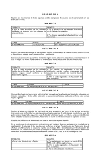 DESCRIPCION

Registra los movimientos de todas aquellas partidas apropiadas de acuerdo con lo contemplado en los
Estatutos Sociales.

                                               DINAMICA

CREDITOS                                     DEBITOS
a. Por el valor apropiado de las utilidades a Por la aplicación de las reservas, de acuerdo
liquidadas, de acuerdo con los estatutos del con lo fijado en los estatutos.
ente económico.
                                             b Por el saldo registrado a la liquidación del ente
                                             económico.


CLASE                           GRUPO                         CUENTA
3. PATRIMONIO                   33 RESERVAS                   3315 RESERVAS OCASIONALES

                                            DESCRIPCION

Registra los valores apropiados de las utilidades líquidas, ordenadas por el máximo órgano social conforme
a disposiciones legales, para fines específicos y justificados.

Las reservas ocasionales que ordene el máximo órgano social, sólo serán obligatorias para el ejercicio en el
cual se hagan y el mismo podrá cambiar su destinación o distribuirlas cuando resulten innecesarias.

                                               DINAMICA

CREDITOS                                           DEBITOS
a. Por el valor apropiado de las utilidades        a. Por cambio de destinación o por su
líquidas de conformidad con las decisiones del     distribución cuando resulten innecesarias de
máximo órgano social conforme a las                acuerdo con la decisión del máximo órgano
disposiciones legales.                             social.
                                                   b. Por el saldo registrado a la liquidación del
                                                   ente económico.


CLASE                   GRUPO                                            CUENTA
3. PATRIMONIO           34 REVALORIZACION DEL PATRIMONIO

                                            DESCRIPCION

Comprende el valor del incremento patrimonial por concepto de la aplicación de los ajustes integrales por
inflación efectuados, y de los saldos originados en saneamientos fiscales, realizados conforme a las normas
legales vigentes.

CLASE                GRUPO                                        CUENTA
3. PATRIMONIO        34 REVALORIZACION DEL PATRIMONIO             3405 AJUSTES POR INFLACION

                                            DESCRIPCION

Registra el ajuste por inflación del patrimonio del ente económico, así como de los activos en período
improductivo, de conformidad con las disposiciones legales vigentes. El saldo de esta cuenta forma parte del
patrimonio de los períodos siguientes para efectos del cálculo del ajuste por inflación y no podrá distribuirse
como utilidad a los socios o accionistas, hasta tanto se liquide el ente económico o se capitalice tal valor.

El ajuste del patrimonio se determinará con base en las normas legales vigentes.

En el evento que el ente económico emita acciones y/o cuotas o derechos sociales como resultado de la
capitalización de algunas de las cuentas que conforman el grupo Revalorización del Patrimonio, deberá
efectuar simultáneamente el respectivo registro en el código 8335 -Capitalización por Revalorización del
Patrimonio-; en consecuencia, los saldos que registre el ente económico en esta cuenta deberán disminuirse
efectuando la contrapartida correspondiente en las cuentas 3105, 3115, 3130 o 3135 según el caso.

                                               DINAMICA

CREDITOS                                           DEBITOS
a Por el valor del ajuste por inflación.           a Por capitalización con abono a la cuenta 3105,
                                                   3115, 3130 o 3135, según el caso.
                                                   b. Por el saldo registrado a la liquidación del
                                                   ente económico.
                                                   c. Por el valor del ajuste por inflación.
 