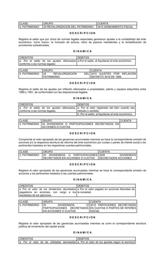 CLASE                GRUPO                                          CUENTA
4. PATRIMONIO        34 REVALORIZACION DEL PATRIMONIO               3410 SANEAMIENTO FISCAL

                                           DESCRIPCION

Registra el saldo que por virtud de normas legales especiales generaron ajustes a la contabilidad del ente
económico, como fueron, la inclusión de activos, retiro de pasivos inexistentes y la reclasificación de
provisiones subestimadas.

                                               DINAMICA

CREDITOS                                  DEBITOS
a. Por el saldo de los ajustes efectuados a Por el saldo, al liquidarse el ente económico.
conforme a las normas legales

CLASE                GRUPO                                  CUENTA
4. PATRIMONIO        34    REVALORIZACION               DEL 3415 AJUSTES POR INFLACION
                     PATRIMONIO                             DECRETO 3019 DE 1989

                                           DESCRIPCION

Registra el saldo de los ajustes por inflación efectuados a propiedades, planta y equipos adquiridos entre
1989 y 1991, de conformidad con las disposiciones legales.

                                               DINAMICA

CREDITOS                                   DEBITOS
a. Por el saldo de los ajustes efectuados, a. Por el valor registrado del bien cuando sea
conforme a las normas legales.             retirado o vendido.
                                           b. Por el saldo, al liquidarse el ente económico.

CLASE               GRUPO                                         CUENTA
3. PATRIMONIO       35 DIVIDENDOS O PARTICIPACIONES DECRETADOS EN
                    ACCIONES O CUOTAS

                                           DESCRIPCION

Comprende el valor apropiado de las ganancias acumuladas mientras se hace la correspondiente emisión de
acciones y/o la respectiva escritura de reforma del ente económico por cuotas o partes de interés social y los
pertinentes traslados en las respectivas cuentas patrimoniales.

CLASE                GRUPO                           CUENTA
3. PATRIMONIO        35 DIVIDENDOS O PARTICIPACIONES 3505        DIVIDENDOS
                     DECRETADOS EN ACCIONES O CUOTAS DECRETADOS ACCIONES

                                           DESCRIPCION

Registra el valor apropiado de las ganancias acumuladas mientras se hace la correspondiente emisión de
acciones y los pertinentes traslados a las cuentas patrimoniales.

                                               DINAMICA

CREDITOS                                    DEBITOS
a Por el valor de los dividendos decretados a Por el valor pagado en acciones liberadas de
pagaderos en acciones, con cargo a los la sociedad.
resultados de los ejercicios.

CLASE                GRUPO                                   CUENTA
3. PATRIMONIO        35        DIVIDENDOS     O              3510 PARTICIONES DECRETADAS
                     PARTICIPACIONES DECRETADOS              EN CUOTAS O PARTES DE INTERES
                     EN ACCIONES O CUOTAS                    SOCIAL

                                           DESCRIPCION

Registra el valor apropiado de las ganancias acumuladas mientras se corre la correspondiente escritura
pública de incremento del capital social.

                                               DINAMICA

CREDITOS                                     DEBITOS
a. Por el valor de las utilidades decretadas a. Por el valor de los aportes según la escritura
 