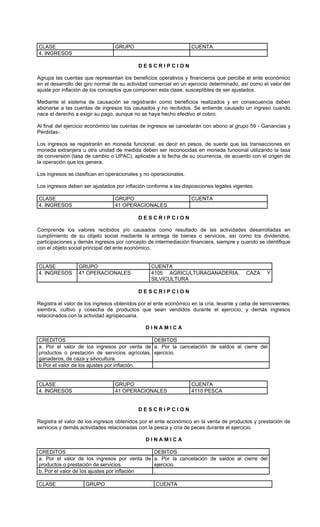 CLASE                            GRUPO                            CUENTA
4. INGRESOS

                                           DESCRIPCION

Agrupa las cuentas que representan los beneficios operativos y financieros que percibe el ente económico
en el desarrollo del giro normal de su actividad comercial en un ejercicio determinado, así como el valor del
ajuste por inflación de los conceptos que componen esta clase, susceptibles de ser ajustados.

Mediante el sistema de causación se registrarán como beneficios realizados y en consecuencia deben
abonarse a las cuentas de ingresos los causados y no recibidos. Se entiende causado un ingreso cuando
nace el derecho a exigir su pago, aunque no se haya hecho efectivo el cobro.

Al final del ejercicio económico las cuentas de ingresos se cancelarán con abono al grupo 59 - Ganancias y
Pérdidas-.

Los ingresos se registrarán en moneda funcional, es decir en pesos, de suerte que las transacciones en
moneda extranjera u otra unidad de medida deben ser reconocidas en moneda funcional utilizando la tasa
de conversión (tasa de cambio o UPAC), aplicable a la fecha de su ocurrencia, de acuerdo con el origen de
la operación que los genera.

Los ingresos se clasifican en operacionales y no operacionales.

Los ingresos deben ser ajustados por inflación conforme a las disposiciones legales vigentes.

CLASE                            GRUPO                            CUENTA
4. INGRESOS                      41 OPERACIONALES

                                           DESCRIPCION

Comprende los valores recibidos y/o causados como resultado de las actividades desarrolladas en
cumplimiento de su objeto social mediante la entrega de bienes o servicios, así como los dividendos,
participaciones y demás ingresos por concepto de intermediación financiera, siempre y cuando se identifique
con el objeto social principal del ente económico.


CLASE            GRUPO                           CUENTA
4. INGRESOS      41 OPERACIONALES                4105 AGRICULTURAGANADERIA,               CAZA    Y
                                                 SILVICULTURA

                                           DESCRIPCION

Registra el valor de los ingresos obtenidos por el ente económico en la cría, levante y ceba de semovientes;
siembra, cultivo y cosecha de productos que sean vendidos durante el ejercicio, y demás ingresos
relacionados con la actividad agropecuaria.

                                              DINAMICA

CREDITOS                                       DEBITOS
a. Por el valor de los ingresos por venta de a. Por la cancelación de saldos al cierre del
productos o prestación de servicios agrícolas, ejercicio.
ganaderos, de caza y silvicultura.
b Por el valor de los ajustes por inflación.


CLASE                            GRUPO                            CUENTA
4. INGRESOS                      41 OPERACIONALES                 4110 PESCA


                                           DESCRIPCION

Registra el valor de los ingresos obtenidos por el ente económico en la venta de productos y prestación de
servicios y demás actividades relacionadas con la pesca y cría de peces durante el ejercicio.

                                              DINAMICA

CREDITOS                                     DEBITOS
a. Por el valor de los ingresos por venta de a. Por la cancelación de saldos al cierre del
productos o prestación de servicios.         ejercicio.
b. Por el valor de los ajustes por inflación .

CLASE               GRUPO                          CUENTA
 