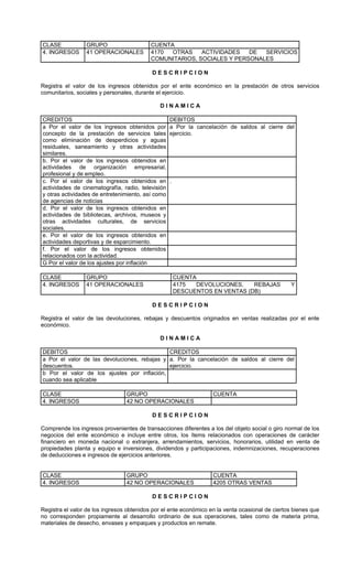 CLASE            GRUPO                     CUENTA
4. INGRESOS      41 OPERACIONALES          4170  OTRAS    ACTIVIDADES   DE  SERVICIOS
                                           COMUNITARIOS, SOCIALES Y PERSONALES

                                           DESCRIPCION

Registra el valor de los ingresos obtenidos por el ente económico en la prestación de otros servicios
comunitarios, sociales y personales, durante el ejercicio.

                                              DINAMICA

CREDITOS                                           DEBITOS
a Por el valor de los ingresos obtenidos por       a Por la cancelación de saldos al cierre del
concepto de la prestación de servicios tales       ejercicio.
como eliminación de desperdicios y aguas
residuales, saneamiento y otras actividades
similares.
b. Por el valor de los ingresos obtenidos en
actividades de organización empresarial,
profesional y de empleo.
c. Por el valor de los ingresos obtenidos en       .
actividades de cinematografía, radio, televisión
y otras actividades de entretenimiento, así como
de agencias de noticias
d. Por el valor de los ingresos obtenidos en
actividades de bibliotecas, archivos, museos y
otras actividades culturales, de servicios
sociales.
e. Por el valor de los ingresos obtenidos en
actividades deportivas y de esparcimiento.
f. Por el valor de los ingresos obtenidos
relacionados con la actividad.
G Por el valor de los ajustes por inflación

CLASE            GRUPO                                 CUENTA
4. INGRESOS      41 OPERACIONALES                      4175  DEVOLUCIONES,    REBAJAS            Y
                                                       DESCUENTOS EN VENTAS (DB)

                                           DESCRIPCION

Registra el valor de las devoluciones, rebajas y descuentos originados en ventas realizadas por el ente
económico.

                                              DINAMICA

DEBITOS                                       CREDITOS
a Por el valor de las devoluciones, rebajas y a. Por la cancelación de saldos al cierre del
descuentos.                                   ejercicio.
b Por el valor de los ajustes por inflación,
cuando sea aplicable

CLASE                            GRUPO                             CUENTA
4. INGRESOS                      42 NO OPERACIONALES

                                           DESCRIPCION

Comprende los ingresos provenientes de transacciones diferentes a los del objeto social o giro normal de los
negocios del ente económico e incluye entre otros, los ítems relacionados con operaciones de carácter
financiero en moneda nacional o extranjera, arrendamientos, servicios, honorarios, utilidad en venta de
propiedades planta y equipo e inversiones, dividendos y participaciones, indemnizaciones, recuperaciones
de deducciones e ingresos de ejercicios anteriores.


CLASE                            GRUPO                             CUENTA
4. INGRESOS                      42 NO OPERACIONALES               4205 OTRAS VENTAS

                                           DESCRIPCION

Registra el valor de los ingresos obtenidos por el ente económico en la venta ocasional de ciertos bienes que
no corresponden propiamente al desarrollo ordinario de sus operaciones, tales como de materia prima,
materiales de desecho, envases y empaques y productos en remate.
 