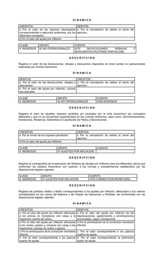 DINAMICA

CREDITOS                                             DEBITOS
a Por el valor de los ingresos devengados            a. Por la cancelación de saldos al cierre del
correspondientes a ejercicios anteriores, por los    ejercicio.
diferentes conceptos.
b Por el valor del ajuste por inflación              .

CLASE             GRUPO                          CUENTA
4. INGRESOS       42 NO OPERACIONALES            4275   DEVOLUCIONES,    REBAJAS                    Y
                                                 DESCUENTOS EN OTRAS VENTAS (DB)

                                             DESCRIPCION

Registra el valor de las devoluciones, rebajas y descuentos originados en otras ventas no operacionales
realizadas por el ente económico.

                                               DINAMICA

DEBITOS                                              CREDITOS
a. Por el valor de las devoluciones, rebajas y       a. Por la cancelación de saldos al cierre del
descuentos                                           ejercicio.
b. Por el valor del ajuste por inflación, cuando     .
sea aplicable

CLASE                              GRUPO                             CUENTA
4. INGRESOS                        42 NO OPERACIONALES               4295 DIVERSOS

                                             DESCRIPCION

Registra el valor de aquellos ingresos recibidos y/o causados por el ente económico por conceptos
diferentes y que no se encuentran especificados en las cuentas anteriores, tales como: Aprovechamientos,
Donaciones, Reclamos, Sobrantes en Liquidación de Fletes y Decoraciones.

                                               DINAMICA

CREDITOS                                             DEBITOS
a. Por el monto de los ingresos percibidos           a Por la cancelación de saldos al cierre del
                                                     ejercicio.
b Por el valor del ajuste por inflación              .

CLASE                              GRUPO                             CUENTA
4. INGRESOS                        47 AJUSTES POR INFLACION

                                             DESCRIPCION

Registra la contrapartida de la aplicación del Sistema de Ajustes por Inflación para los diferentes rubros que
conforman los estados financieros con sujeción a las normas y procedimientos establecidos por las
disposiciones legales vigentes.

CLASE               GRUPO                                      CUENTA
4. INGRESOS         47 AJUSTES POR INFLACION                   4705 CORRECCION MONETARIA

                                             DESCRIPCION

Registra las partidas crédito y débito correspondientes a los ajustes por inflación, efectuados a los valores
contabilizados en los rubros del Balance y del Estado de Ganancias y Pérdidas, de conformidad con las
disposiciones legales vigentes.

                                               DINAMICA

CREDITOS                                             DEBITOS
a. Por el valor del ajuste por inflación efectuado   a Por el valor del ajuste por inflación de las
a los activos no monetarios con cargo a la           depreciaciones, agotamientos y amortizaciones
respectiva cuenta del activo.                        acumuladas, según corresponda.
b Por el valor del ajuste por inflación efectuado    b Por la amortización de la corrección monetaria
a los costos, gastos y compras con cargo a las       diferida.
respectivas cuentas de costos o gastos
c Por la amortización de la corrección monetaria     c. Por el valor correspondiente a los pasivos
diferida.                                            sujetos de ajuste.
d. Por el valor correspondiente a los pasivos        d. Por el valor correspondiente al patrimonio
sujetos de ajuste.                                   sujeto de ajuste.
 