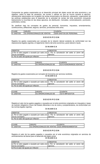 Comprende los gastos ocasionados en el desarrollo principal del objeto social del ente económico y se
registran, sobre la base de causación, las sumas o valores en que se incurre durante el ejercicio,
directamente relacionados con la gestión de ventas encaminada a la dirección, planeación, organización de
las políticas establecidas para el desarrollo de la actividad de ventas del ente económico incluyendo
básicamente la incurridas en las áreas ejecutiva, de distribución, mercadeo, comercialización, promoción,
publicidad y ventas.

Se clasifican bajo los conceptos de gastos de personal, honorarios, impuestos, arrendamientos,
contribuciones y afiliaciones, seguros, servicios, provisiones entre otros.

CLASE            GRUPO                                    CUENTA
5. GASTOS        52 OPERACIONALES DE VENTAS               5205 GASTOS DE PERSONAL

                                           DESCRIPCION

Registra los gastos ocasionados por concepto de la relación laboral existente de conformidad con las
disposiciones legales vigentes, el reglamento interno del ente económico, pacto laboral o laudo.

                                              DINAMICA

DEBITOS                                      CREDITOS
a Por el valor pagado o causado por cada uno a. Por la cancelación del saldo al cierre del
de los conceptos.                            ejercicio.
b. Por el valor del ajuste por inflación


CLASE                            GRUPO                           CUENTA
5. GASTOS                        52 OPERACIONALES DE             5210 HONORARIOS VENTAS


                                           DESCRIPCION

Registra los gastos ocasionados por concepto de honorarios por servicios recibidos.
                                             DINAMICA

DEBITOS                                       CREDITOS
a. Por el valor pagado o causado por cada uno a. Por la cancelación del saldo al cierre del
de los conceptos.                             ejercicio
b. Por el valor del ajuste por inflación.


CLASE                            GRUPO                            CUENTA
5. GASTOS                        52 OPERACIONALES DE              5215 IMPUESTOS


                                           DESCRIPCION

Registra el valor de los gastos pagados o causados por el ente económico originados en impuestos o tasas
de carácter obligatorio a favor del Estado diferentes a los de renta y complementarios, de conformidad con
las normas legales vigentes.
                                               DINAMICA

DEBITOS                                       CREDITOS
a. Por el valor pagado o causado por cada uno a. Por la cancelación del saldo al cierre del
de los conceptos.                             ejercicio.
b. Por el valor del ajuste por inflación      .


CLASE                    GRUPO                      CUENTA
5. GASTOS                52 OPERACIONALES DE VENTAS 5220 ARRENDAMIENTOS

                                           DESCRIPCION

Registra el valor de los gastos pagados o causados por el ente económico originados en servicios de
arrendamientos de bienes para el desarrollo del objeto social.
                                              DINAMICA

DEBITOS                                      CREDITOS
a Por el valor pagado o causado por cada uno a Por la cancelación del saldo al cierre del
de los conceptos                             ejercicio.
b Por el valor del ajuste por inflación
 