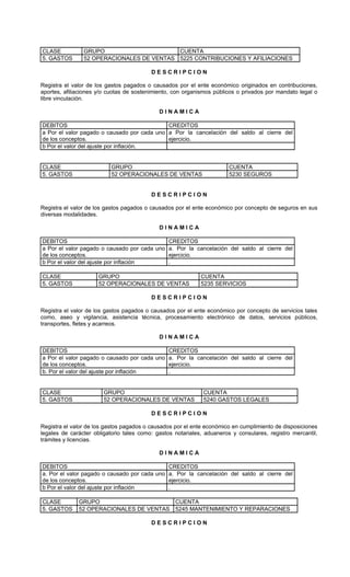 CLASE           GRUPO                      CUENTA
5. GASTOS       52 OPERACIONALES DE VENTAS 5225 CONTRIBUCIONES Y AFILIACIONES

                                          DESCRIPCION

Registra el valor de los gastos pagados o causados por el ente económico originados en contribuciones,
aportes, afiliaciones y/o cuotas de sostenimiento, con organismos públicos o privados por mandato legal o
libre vinculación.

                                             DINAMICA

DEBITOS                                      CREDITOS
a Por el valor pagado o causado por cada uno a Por la cancelación del saldo al cierre del
de los conceptos.                            ejercicio.
b Por el valor del ajuste por inflación.


CLASE                      GRUPO                                        CUENTA
5. GASTOS                  52 OPERACIONALES DE VENTAS                   5230 SEGUROS


                                          DESCRIPCION

Registra el valor de los gastos pagados o causados por el ente económico por concepto de seguros en sus
diversas modalidades.

                                             DINAMICA

DEBITOS                                      CREDITOS
a Por el valor pagado o causado por cada uno a. Por la cancelación del saldo al cierre del
de los conceptos.                            ejercicio.
b Por el valor del ajuste por inflación      .

CLASE                 GRUPO                                  CUENTA
5. GASTOS             52 OPERACIONALES DE VENTAS             5235 SERVICIOS

                                          DESCRIPCION

Registra el valor de los gastos pagados o causados por el ente económico por concepto de servicios tales
como, aseo y vigilancia, asistencia técnica, procesamiento electrónico de datos, servicios públicos,
transportes, fletes y acarreos.

                                             DINAMICA

DEBITOS                                      CREDITOS
a Por el valor pagado o causado por cada uno a. Por la cancelación del saldo al cierre del
de los conceptos.                            ejercicio.
b. Por el valor del ajuste por inflación     .


CLASE                   GRUPO                                 CUENTA
5. GASTOS               52 OPERACIONALES DE VENTAS            5240 GASTOS LEGALES

                                          DESCRIPCION

Registra el valor de los gastos pagados o causados por el ente económico en cumplimiento de disposiciones
legales de carácter obligatorio tales como: gastos notariales, aduaneros y consulares, registro mercantil,
trámites y licencias.

                                             DINAMICA

DEBITOS                                       CREDITOS
a. Por el valor pagado o causado por cada uno a. Por la cancelación del saldo al cierre del
de los conceptos.                             ejercicio.
b Por el valor del ajuste por inflación       .

CLASE         GRUPO                                CUENTA
5. GASTOS     52 OPERACIONALES DE VENTAS           5245 MANTENIMIENTO Y REPARACIONES

                                          DESCRIPCION
 