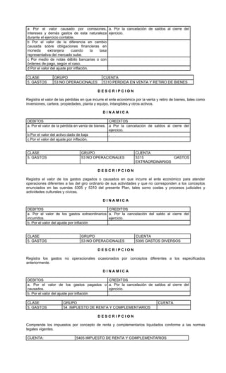 a Por el valor causado por comisiones, a. Por la cancelación de saldos al cierre del
intereses y demás gastos de esta naturaleza ejercicio.
durante el ejercicio contable.
b Por el valor de la diferencia en cambio
causada sobre obligaciones financieras en
moneda       extranjera     cuando       la tasa
representativa del mercado sube.
c Por medio de notas débito bancarias o con
órdenes de pago, según el caso.
d Por el valor del ajuste por inflación.

CLASE            GRUPO                         CUENTA
5. GASTOS        53 NO OPERACIONALES           5310 PERDIDA EN VENTA Y RETIRO DE BIENES

                                            DESCRIPCION

Registra el valor de las pérdidas en que incurre el ente económico por la venta y retiro de bienes, tales como
inversiones, cartera, propiedades, planta y equipo, intangibles y otros activos.

                                               DINAMICA

DEBITOS                                           CREDITOS
a. Por el valor de la pérdida en venta de bienes. a Por la cancelación de saldos al cierre del
                                                  ejercicio.
b Por el valor del activo dado de baja            .
c Por el valor del ajuste por inflación.


CLASE                            GRUPO                             CUENTA
5. GASTOS                        53 NO OPERACIONALES               5315            GASTOS
                                                                   EXTRAORDINARIOS

                                            DESCRIPCION

Registra el valor de los gastos pagados o causados en que incurre el ente económico para atender
operaciones diferentes a las del giro ordinario de sus actividades y que no corresponden a los conceptos
enunciados en las cuentas 5305 y 5310 del presente Plan, tales como costas y procesos judiciales y
actividades culturales y cívicas.

                                               DINAMICA

DEBITOS                                           CREDITOS
a. Por el valor de los gastos extraordinarios     a. Por la cancelación del saldo al cierre del
incurridos.                                       ejercicio.
b. Por el valor del ajuste por inflación          .


CLASE                            GRUPO                             CUENTA
5. GASTOS                        53 NO OPERACIONALES               5395 GASTOS DIVERSOS

                                            DESCRIPCION

Registra los gastos no operacionales ocasionados por conceptos diferentes a los especificados
anteriormente.

                                               DINAMICA

DEBITOS                                  CREDITOS
a. Por el valor de los gastos pagados o a. Por la cancelación de saldos al cierre del
causados.                                ejercicio.
b. Por el valor del ajuste por inflación .

CLASE                 GRUPO                                                      CUENTA
5. GASTOS             54. IMPUESTO DE RENTA Y COMPLEMENTARIOS

                                            DESCRIPCION

Comprende los impuestos por concepto de renta y complementarios liquidados conforme a las normas
legales vigentes.

CUENTA:                       5405 IMPUESTO DE RENTA Y COMPLEMENTARIOS
 