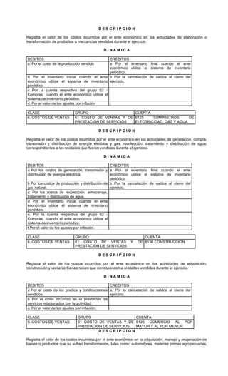 DESCRIPCION

Registra el valor de los costos incurridos por el ente económico en las actividades de elaboración o
transformación de productos o mercancías vendidas durante el ejercicio.

                                             DINAMICA

DEBITOS                                      CREDITOS
a. Por el costo de la producción vendida.    a Por el inventario final cuando el ente
                                             económico utilice el sistema de inventario
                                             periódico.
b Por el inventario inicial cuando el ente b Por la cancelación de saldos al cierre del
económico utilice el sistema de inventario ejercicio.
periódico.
c Por la cuenta respectiva del grupo 62 -
Compras, cuando el ente económico utilice el
sistema de inventario periódico.
d. Por el valor de los ajustes por inflación .

CLASE                       GRUPO                   CUENTA
6. COSTOS DE VENTAS         61 COSTO DE VENTAS Y DE 6125    SUMINISTROS      DE
                            PRESTACION DE SERVICIOS ELECTRICIDAD, GAS Y AGUA

                                            DESCRIPCION

Registra el valor de los costos incurridos por el ente económico en las actividades de generación, compra,
transmisión y distribución de energía eléctrica y gas; recolección, tratamiento y distribución de agua,
correspondientes a las unidades que fueron vendidas durante el ejercicio.

                                             DINAMICA

DEBITOS                                          CREDITOS
a Por los costos de generación, transmisión y a Por el inventario final cuando el ente
distribución de energía eléctrica.               económico utilice el sistema de inventario
                                                 periódico.
b Por los costos de producción y distribución de b Por la cancelación de saldos al cierre del
gas natural.                                     ejercicio.
c. Por los costos de recolección, almacenaje,
tratamiento y distribución de agua.
d Por el inventario inicial cuando el ente .
económico utilice el sistema de inventario
periódico
e. Por la cuenta respectiva del grupo 62 -
Compras, cuando el ente económico utilice el
sistema de inventario periódico.
f Por el valor de los ajustes por inflación.

CLASE                       GRUPO                                   CUENTA
6. COSTOS DE VENTAS         61 COSTO DE VENTAS               Y   DE 6130 CONSTRUCCION
                            PRESTACION DE SERVICIOS

                                            DESCRIPCION

Registra el valor de los costos incurridos por el ente económico en las actividades de adquisición,
construcción y venta de bienes raíces que corresponden a unidades vendidas durante el ejercicio.

                                             DINAMICA

DEBITOS                                        CREDITOS
a Por el costo de los predios y construcciones a. Por la cancelación de saldos al cierre del
vendidos.                                      ejercicio.
b Por el costo incurrido en la prestación de
servicios relacionados con la actividad.
c. Por el valor de los ajustes por inflación.

CLASE                         GRUPO                   CUENTA
6. COSTOS DE VENTAS           61 COSTO DE VENTAS Y DE 6135 COMERCIO AL POR
                              PRESTACION DE SERVICIOS MAYOR Y AL POR MENOR
                                       DESCRIPCION

Registra el valor de los costos incurridos por el ente económico en la adquisición, manejo y enajenación de
bienes o productos que no sufren transformación, tales como: automotores, materias primas agropecuarias,
 