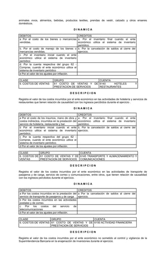 animales vivos, alimentos, bebidas, productos textiles, prendas de vestir, calzado y otros enseres
domésticos.

                                               DINAMICA

DEBITOS                                      CREDITOS
a Por el costo de los bienes o mercancías a. Por el inventario final cuando el ente
vendidas.                                    económico utilice el sistema de inventario
                                             periódico.
b. Por el costo de manejo de los bienes o b. Por la cancelación de saldos al cierre del
mercancías vendidas.                         ejercicio.
c .Por el inventario inicial cuando el ente .
económico utilice el sistema de inventario
periódico
d. Por la cuenta respectiva del grupo 62 - .
Compras, cuando el ente económico utilice el
sistema de inventario periódico
e Por el valor de los ajustes por inflación.

CLASE                         GRUPO                   CUENTA
6. COSTOS DE VENTAS           61 COSTO DE VENTAS Y DE 6140    HOTELES                               Y
                              PRESTACION DE SERVICIOS RESTAURANTES

                                            DESCRIPCION

Registra el valor de los costos incurridos por el ente económico en las actividades de hotelería y servicios de
restaurantes que tienen relación de causalidad con los ingresos percibidos durante el ejercicio .

                                               DINAMICA

DEBITOS                                              CREDITOS
a Por el costo de los insumos, mano de obra y        a. Por el inventario final cuando el ente
costos indirectos, incurridos en la prestación del   económico utilice el sistema de inventario
servicio de hotelería, restaurante y bar.            periódico.
b Por el inventario inicial cuando el ente           b. Por la cancelación de saldos al cierre del
económico utilice el sistema de inventario           ejercicio.
periódico.
c Por la cuenta respectiva del grupo 62 -
Compras, cuando el ente económico utilice el
sistema de inventario periódico.
d Por el valor de los ajustes por inflación.

CLASE        GRUPO                   CUENTA
6. COSTOS DE 61 COSTO DE VENTAS Y DE 6145 TRANSPORTE Y ALMACENAMIENTO Y
VENTAS       PRESTACION DE SERVICIOS COMUNICACIONES

                                            DESCRIPCION

Registra el valor de los costos incurridos por el ente económico en las actividades de transporte de
pasajeros y de carga, servicio de correo y comunicaciones, entre otros, que tienen relación de causalidad
con los ingresos percibidos durante el ejercicio.

                                               DINAMICA

DEBITOS                                          CREDITOS
a Por los costos incurridos en la prestación del a Por la cancelación de saldos al cierre del
servicio de transporte de pasajeros y de carga   ejercicio.
b Por los costos incurridos en las actividades
postales y de correo.
c    Por    los    costos     del    servicio de
telecomunicaciones
d Por el valor de los ajustes por inflación.

CLASE               GRUPO                   CUENTA
6. COSTOS DE VENTAS 61 COSTO DE VENTAS Y DE 6150 ACTIVIDAD FINANCIERA
                    PRESTACION DE SERVICIOS

                                            DESCRIPCION

Registra el valor de los costos incurridos por el ente económico no sometido al control y vigilancia de la
Superintendencia Bancaria en la enajenación de inversiones durante el ejercicio.
 