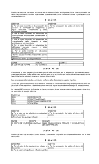 Registra el valor de los costos incurridos por el ente económico en la prestación de otras actividades de
servicios comunitarios, sociales y personales, que tienen relación de causalidad con los ingresos percibidos
durante el ejercicio.

                                              DINAMICA

DEBITOS                                            CREDITOS
a Por el costo incurrido en la prestación de a. Por la cancelación de saldos al cierre del
servicios de eliminación de desperdicios y ejercicio.
aguas residuales, saneamiento y otras
actividades similares.
b. Por el costo incurrido en actividades de
organizaciones empresariales, profesionales y
de empleo
c. Por el costo incurrido en actividades de
cinematografía, radio, televisión y otras
actividades de entretenimiento
d Por el costo incurrido en actividades de
bibliotecas,    archivos,    museos       y  otras
actividades culturales.
e. Por el costo incurrido en actividades
deportivas y de esparcimiento.
f Por los costos incurridos relacionados con la
actividad.
g Por el valor de los ajustes por inflación.

CLASE                             GRUPO                            CUENTA
6. COSTOS DE VENTAS               62 COMPRAS

                                           DESCRIPCION

Comprende el valor pagado y/o causado por el ente económico en la adquisición de materias primas,
materiales indirectos y mercancías para ser utilizadas en la producción y/o comercialización en desarrollo de
la actividad social principal, durante un período determinado.

Las compras se deben ajustar por inflación conforme a las disposiciones legales vigentes.

Al final del ejercicio económico las cuentas de compras se cancelarán con cargo a la respectiva cuenta del
grupo 61 - Costo de Ventas y de Prestación de servicios, según la actividad realizada por el ente económico.

La cuenta 6220 - Compra de Energía, es de uso exclusivo de los entes económicos que prestan el servicio
de suministro de energía eléctrica.

CUENTAS:
6205                  DE MERCANCIAS
621                   DE MATERIAS PRIMAS
6215                  DE MATERIALES INDIRECTOS
6220                  DE ENERGIA

                                              DINAMICA

DEBITOS                                        CREDITOS
a Por el valor de las adquisiciones realizadas a Por la cancelación del saldo al cierre del
durante el período.                            ejercicio.
b Por el valor del ajuste por inflación        .

CLASE              GRUPO                    CUENTA
6. COSTO DE VENTAS 62 COMPRAS               6225 DEVOLUCIONES REBAJAS Y DESCUENTOS
                                            EN COMPRAS (CR)


                                           DESCRIPCION

Registra el valor de las devoluciones, rebajas y descuentos originadas en compras efectuadas por el ente
económico.

                                              DINAMICA

CREDITOS                                          DEBITOS
a. Por el valor de las devoluciones, rebajas y    a. Por la cancelación de saldos al cierre del
descuentos                                        ejercicio.
b Por el valor del ajuste por inflación cuando    .
 
