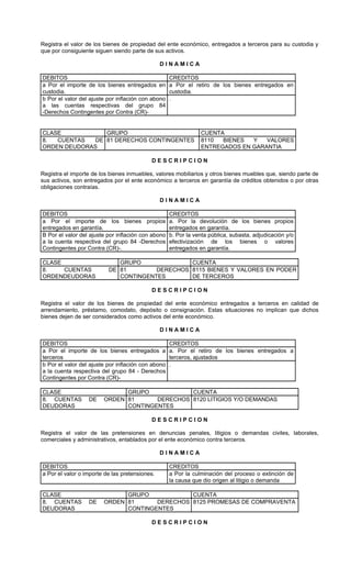 Registra el valor de los bienes de propiedad del ente económico, entregados a terceros para su custodia y
que por consiguiente siguen siendo parte de sus activos.

                                                DINAMICA

DEBITOS                                             CREDITOS
a Por el importe de los bienes entregados en        a Por el retiro de los bienes entregados en
custodia.                                           custodia.
b Por el valor del ajuste por inflación con abono   .
a las cuentas respectivas del grupo 84
-Derechos Contingentes por Contra (CR)-


CLASE            GRUPO                                          CUENTA
8.  CUENTAS   DE 81 DERECHOS CONTINGENTES                       8110  BIENES  Y   VALORES
ORDEN DEUDORAS                                                  ENTREGADOS EN GARANTIA

                                           DESCRIPCION

Registra el importe de los bienes inmuebles, valores mobiliarios y otros bienes muebles que, siendo parte de
sus activos, son entregados por el ente económico a terceros en garantía de créditos obtenidos o por otras
obligaciones contraías.

                                                DINAMICA

DEBITOS                                             CREDITOS
a Por el importe de los bienes propios              a. Por la devolución de los bienes propios
entregados en garantía.                             entregados en garantía.
B Por el valor del ajuste por inflación con abono   b. Por la venta pública, subasta, adjudicación y/o
a la cuenta respectiva del grupo 84 -Derechos       efectivización de los bienes o valores
Contingentes por Contra (CR)-.                      entregados en garantía.

CLASE                        GRUPO              CUENTA
8.    CUENTAS             DE 81        DERECHOS 8115 BIENES Y VALORES EN PODER
ORDENDEUDORAS                CONTINGENTES       DE TERCEROS

                                           DESCRIPCION

Registra el valor de los bienes de propiedad del ente económico entregados a terceros en calidad de
arrendamiento, préstamo, comodato, depósito o consignación. Estas situaciones no implican que dichos
bienes dejen de ser considerados como activos del ente económico.

                                                DINAMICA

DEBITOS                                             CREDITOS
a Por el importe de los bienes entregados a         a. Por el retiro de los bienes entregados a
terceros                                            terceros, ajustados
b Por el valor del ajuste por inflación con abono   .
a la cuenta respectiva del grupo 84 - Derechos
Contingentes por Contra (CR)-

CLASE                         GRUPO            CUENTA
8. CUENTAS        DE    ORDEN 81      DERECHOS 8120 LITIGIOS Y/O DEMANDAS
DEUDORAS                      CONTINGENTES

                                           DESCRIPCION

Registra el valor de las pretensiones en denuncias penales, litigios o demandas civiles, laborales,
comerciales y administrativos, entablados por el ente económico contra terceros.

                                                DINAMICA

DEBITOS                                             CREDITOS
a Por el valor o importe de las pretensiones.       a Por la culminación del proceso o extinción de
                                                    la causa que dio origen al litigio o demanda

CLASE                         GRUPO            CUENTA
8. CUENTAS        DE    ORDEN 81      DERECHOS 8125 PROMESAS DE COMPRAVENTA
DEUDORAS                      CONTINGENTES

                                           DESCRIPCION
 