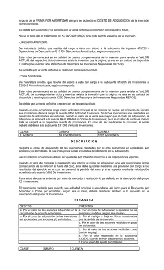 importe de la PRIMA POR AMORTIZAR siempre se obtendrá el COSTO DE ADQUISICION de la inversión
correspondiente.

Se debita por la compra y se acredita por la venta definitiva o redención del respectivo título.

No se le debe dar el tratamiento de ACTIVO DIFERIDO sino el de cuenta valuativa de la inversión.

-Descuento Amortizado.

De naturaleza débito, que resulta del cargo a ésta con abono a la subcuenta de ingresos 415035 -
Operaciones de Descuento o 421015 - Descuentos Amortizados, según corresponda.

Este rubro permanecerá en su calidad de cuenta complementaria de la inversión para revelar el VALOR
ACTUAL del respectivo título y mientras exista la inversión que la origina, ya sea en su calidad de disponible
o restringida (cuenta 1250 Derechos de Recompra de Inversiones Negociadas REPOS).

Se acredita por la venta definitiva o redención del respectivo título.

-Prima Amortizada.

De naturaleza crédito, que resulta del abono a ésta con cargo a la subcuenta 615005 De Inversiones o
530545 Prima Amortizada, según corresponda.

Este rubro permanecerá en su calidad de cuenta complementaria de la inversión para revelar el VALOR
ACTUAL del correspondiente título y mientras exista la inversión que la origina, ya sea en su calidad de
disponible o restringida (cuenta 1250 Derechos de Recompra de Inversiones Negociadas REPOS).

Se debita por la venta definitiva o redención del respectivo título.

Cuando el ente económico tenga como actividad principal el de rentista de capital, al momento de vender
sus inversiones deberá cargar la cuenta 6150 Actividad Financiera. Si dichas inversiones son realizadas en
desarrollo de actividades secundarias, cuando el valor de la venta sea mayor que el costo de adquisición, la
diferencia se abonará a la cuenta 4240 Utilidad en Venta de Inversiones; pero si el valor de venta es menor
ésta se cargará a la respectiva cuenta de provisiones. En caso de ser insuficiente la provisión, el saldo
deberá debitarse a la subcuenta 531005 Venta de Inversiones.

CLASE                              GRUPO                                 CUENTA
1. ACTIVO                          12 INVERSIONES                        1205 ACCIONES

                                              DESCRIPCION

Registra el costo de adquisición de las inversiones realizadas por el ente económico en sociedades por
acciones y/o asimiladas, el cual incluye las sumas incurridas directamente en su adquisición.

Las inversiones en acciones deben ser ajustadas por inflación conforme a las disposiciones vigentes.

Cuando el valor de mercado o realización sea inferior al costo de adquisición una vez reexpresado como
consecuencia de la inflación si fuere del caso, éste debe ajustarse mediante una provisión con cargo a los
resultados del ejercicio en el cual se presentó la pérdida del valor y si es superior mediante valorización
acreditada a la cuenta 3805 De Inversiones.

Para estos efectos se entiende por valor de mercado o realización lo ya definido en la descripción del grupo
12 - Inversiones.

El tratamiento contable para cuando sea actividad principal o secundaria, así como para el Descuento por
Amortizar o Prima por Amortizar, según sea el caso, deberá obedecer también a lo expuesto en la
descripción del grupo 12 Inversiones.

                                                 DINAMICA

DEBITOS                                              CREDITOS
a. Por el valor de las acciones adquiridas en la     a. Por el costo de adquisición o ajustado de las
constitución de un ente económico                    acciones vendidas, según sea el caso.
b. Por el costo de adquisición de las inversiones    b. Por el castigo o baja en libros ocasionados
en sociedades por acciones y/o asimiladas.           por la pérdida de la inversión
                                                     c. Por el valor de las acciones recibidas en pago
                                                     de dividendos.
                                                     d. Por el valor de las acciones recibidas como
                                                     dación en pago
                                                     e. Por el valor registrado en la subcuenta
                                                     133530, cuando se han adquirido las acciones.
                                                     f. Por el valor del ajuste por inflación.

CLASE                GRUPO                    CUENTA
 