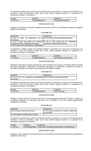 El tratamiento contable para cuando sea actividad principal o secundaria, así como para el Descuento por
Amortizar o Prima por Amortizar, según sea el caso, deberá obedecer también a lo expuesto en la
descripción del grupo 12 Inversiones.

CLASE                              GRUPO                             CUENTA
1. ACTIVO                          12 INVERSIONES                    1225 CERTIFICADOS

                                              DESCRIPCION

Registra el monto de las inversiones realizadas por el ente económico en certificados emitidos por entidades
legalmente autorizadas.

                                               DINAMICA

DEBITOS                                              CREDITOS
a. Por el costo de adquisición de los                a. Por el costo de los certificados vendidos.
certificados.
b. Por el valor del ajuste por corrección            b. Por el valor nominal de los certificados
monetaria UPAC y/o diferencia en cambio.             utilizados en el pago de impuestos.
c. Por el valor de los rendimientos capitalizados.

El tratamiento contable cuando sea actividad principal o secundaria, así como para el Descuento por
Amortizar o Prima por Amortizar, según sea el caso, deberá obedecer también a lo expuesto en la
descripción del grupo 12 Inversiones.

CLASE                              GRUPO                             CUENTA
1. ACTIVO                          12 INVERSIONES                    1230 Papeles Comerciales

                                              DESCRIPCION

Registra el monto de la inversión realizada por el ente económico en valores de contenido crediticio emitidos
por entes comerciales, industriales y de servicios, sometidos a la inspección y vigilancia por parte de
Entidades del Estado, cuyo objetivo es la financiación del capital de trabajo.

                                               DINAMICA

DEBITOS                                     CREDITOS
a. Por el valor de constitución debidamente a. Por el valor de redención del título.
autorizado.

El tratamiento contable para cuando sea actividad principal o secundaria, así como para el Descuento por
Amortizar o Prima por Amortizar, según sea el caso, deberá obedecer también a lo expuesto en la
descripción del grupo 12 Inversiones.

CLASE                              GRUPO                             CUENTA
1. ACTIVO                          12 INVERSIONES                    1235 TITULOS

                                              DESCRIPCION

Registra el valor invertido por el ente económico en los denominados genéricamente "Títulos", emitidos por
el Gobierno Nacional por intermedio del Banco de la República o de otra entidad gubernamental
debidamente autorizada.

                                               DINAMICA

DEBITOS                                              CREDITOS
a. Por el valor nominal de los títulos.              a. Por el valor nominal en la venta o redención
                                                     de los títulos.
b. Por el valor de la diferencia en cambio.

El tratamiento contable para cuando sea actividad principal o secundaria, así como para el Descuento por
Amortizar o Prima por Amortizar, según sea el caso, deberá obedecer también a lo expuesto en la
descripción del grupo 12 Inversiones.

CLASE                GRUPO                CUENTA
1. ACTIVO            12 INVERSIONES       1240 ACEPTACIONES BANCARIAS O FINANCIERAS

                                              DESCRIPCION

Registra el valor invertido por el ente económico en instrumentos de financiación denominados aceptaciones
bancarias o financieras.
 