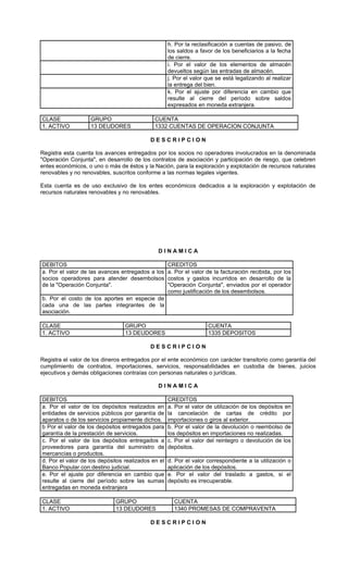 h. Por la reclasificación a cuentas de pasivo, de
                                                    los saldos a favor de los beneficiarios a la fecha
                                                    de cierre.
                                                    i. Por el valor de los elementos de almacén
                                                    devueltos según las entradas de almacén.
                                                    j. Por el valor que se está legalizando al realizar
                                                    la entrega del bien.
                                                    k. Por el ajuste por diferencia en cambio que
                                                    resulte al cierre del período sobre saldos
                                                    expresados en moneda extranjera.

CLASE              GRUPO                     CUENTA
1. ACTIVO          13 DEUDORES               1332 CUENTAS DE OPERACION CONJUNTA

                                           DESCRIPCION

Registra esta cuenta los avances entregados por los socios no operadores involucrados en la denominada
"Operación Conjunta", en desarrollo de los contratos de asociación y participación de riesgo, que celebren
entes económicos, o uno o más de éstos y la Nación, para la exploración y explotación de recursos naturales
renovables y no renovables, suscritos conforme a las normas legales vigentes.

Esta cuenta es de uso exclusivo de los entes económicos dedicados a la exploración y explotación de
recursos naturales renovables y no renovables.




                                              DINAMICA

DEBITOS                                             CREDITOS
a. Por el valor de las avances entregados a los     a. Por el valor de la facturación recibida, por los
socios operadores para atender desembolsos          costos y gastos incurridos en desarrollo de la
de la "Operación Conjunta".                         "Operación Conjunta", enviados por el operador
                                                    como justificación de los desembolsos.
b. Por el costo de los aportes en especie de
cada una de las partes integrantes de la
asociación.

CLASE                            GRUPO                              CUENTA
1. ACTIVO                        13 DEUDORES                        1335 DEPOSITOS

                                           DESCRIPCION

Registra el valor de los dineros entregados por el ente económico con carácter transitorio como garantía del
cumplimiento de contratos, importaciones, servicios, responsabilidades en custodia de bienes, juicios
ejecutivos y demás obligaciones contraías con personas naturales o jurídicas.

                                              DINAMICA

DEBITOS                                             CREDITOS
a. Por el valor de los depósitos realizados en      a. Por el valor de utilización de los depósitos en
entidades de servicios públicos por garantía de     la cancelación de cartas de crédito por
aparatos o de los servicios propiamente dichos.     importaciones o giros al exterior.
b Por el valor de los depósitos entregados para     b. Por el valor de la devolución o reembolso de
garantía de la prestación de servicios.             los depósitos en importaciones no realizadas.
c. Por el valor de los depósitos entregados a       c. Por el valor del reintegro o devolución de los
proveedores para garantía del suministro de         depósitos.
mercancías o productos.
d. Por el valor de los depósitos realizados en el   d. Por el valor correspondiente a la utilización o
Banco Popular con destino judicial.                 aplicación de los depósitos.
e. Por el ajuste por diferencia en cambio que       e. Por el valor del traslado a gastos, si el
resulte al cierre del período sobre las sumas       depósito es irrecuperable.
entregadas en moneda extranjera

CLASE                        GRUPO                    CUENTA
1. ACTIVO                    13 DEUDORES              1340 PROMESAS DE COMPRAVENTA

                                           DESCRIPCION
 