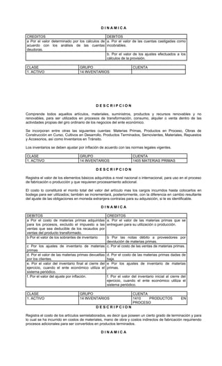 DINAMICA

CREDITOS                                       DEBITOS
a Por el valor determinado por los cálculos de a. Por el valor de las cuentas castigadas como
acuerdo con los análisis de las cuentas incobrables.
deudoras.
                                               b. Por el valor de los ajustes efectuados a los
                                               cálculos de la provisión.

CLASE                             GRUPO                             CUENTA
1. ACTIVO                         14 INVENTARIOS




                                            DESCRIPCION

Comprende todos aquellos artículos, materiales, suministros, productos y recursos renovables y no
renovables, para ser utilizados en procesos de transformación, consumo, alquiler o venta dentro de las
actividades propias del giro ordinario de los negocios del ente económico.

Se incorporan entre otras las siguientes cuentas: Materias Primas, Productos en Proceso, Obras de
Construcción en Curso, Cultivos en Desarrollo, Productos Terminados, Semovientes, Materiales, Repuestos
y Accesorios, así como Inventarios en Tránsito.

Los inventarios se deben ajustar por inflación de acuerdo con las normas legales vigentes.

CLASE                             GRUPO                             CUENTA
1. ACTIVO                         14 INVENTARIOS                    1405 MATERIAS PRIMAS

                                            DESCRIPCION

Registra el valor de los elementos básicos adquiridos a nivel nacional o internacional, para uso en el proceso
de fabricación o producción y que requieren procesamiento adicional.

El costo lo constituirá el monto total del valor del artículo mas los cargos incurridos hasta colocarlos en
bodega para ser utilizados; también se incrementará, posteriormente, con la diferencia en cambio resultante
del ajuste de las obligaciones en moneda extranjera contraías para su adquisición, si le es identificable.

                                                DINAMICA

DEBITOS                                            CREDITOS
a Por el costo de materias primas adquiridas       a. Por el valor de las materias primas que se
para los procesos, excluido el impuesto a las      entreguen para su utilización o producción.
ventas que sea deducible de los recaudos por
ventas del producto transformado.
b Por el valor de los sobrantes de inventario      b Por las notas débito a proveedores por
                                                   devolución de materias primas.
c Por los ajustes de inventario de materias c. Por el costo de las ventas de materias primas.
primas
d. Por el valor de las materias primas devueltas d. Por el costo de las materias primas dadas de
por los clientes.                                  baja.
e. Por el valor del inventario final al cierre del e Por los ajustes de inventario de materias
ejercicio, cuando el ente económico utiliza el primas.
sistema periódico.
f. Por el valor del ajuste por inflación.          f. Por el valor del inventario inicial al cierre del
                                                   ejercicio, cuando el ente económico utiliza el
                                                   sistema periódico.

CLASE                             GRUPO                             CUENTA
1. ACTIVO                         14 INVENTARIOS                    1410   PRODUCTOS               EN
                                                                    PROCESO
                                            DESCRIPCION

Registra el costo de los artículos semielaborados, es decir que poseen un cierto grado de terminación y para
lo cual se ha incurrido en costos de materiales, mano de obra y costos indirectos de fabricación requiriendo
procesos adicionales para ser convertidos en productos terminados.

                                                DINAMICA
 