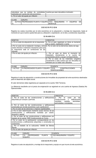 naturaleza que se reciban de contratistas, cuenta que sean devueltos al almacén.
realizadas por cuenta del ente económico.
c. Por el valor del ajuste por inflación   .

CLASE     GRUPO                       CUENTA
1. ACTIVO PROPIEDADES PLANTA Y EQUIPO 1512 MAQUINARIA                            Y   EQUIPOS     EN
15                                    MONTAJE

                                           DESCRIPCION

Registra los costos incurridos por el ente económico en la adquisición y montaje de maquinaria, hasta el
momento en que el activo queda listo para su utilización o explotación, en el sitio y condiciones requeridas.

                                              DINAMICA

DEBITOS                                          CREDITOS
a. Por el costo de adquisición de la maquinaria. a. Por el valor registrado en libros al momento
                                                 de su cesión, realización o venta.
b Por el costo de la instalación montaje y otros b. Por el valor de los elementos dados de baja.
costos directos e indirectos necesarios para que
la maquinaria esté en condiciones de ser
utilizada.
c Por el valor del ajuste por inflación.         c. Por el valor en libros al momento de
                                                 trasladarlo directamente a la cuenta de
                                                 propiedades planta y equipo correspondiente.
                                                 d. Por el costo de los materiales cargados
                                                 inicialmente a esta cuenta que son devueltos al
                                                 almacén por no haber sido utilizados.

CLASE         GRUPO                                      CUENTA
1. ACTIVO     15 PROPIEDADES PLANTA Y EQUIPO             1516      CONSTRUCCIONES                 Y
                                                         EDIFICACIONES

                                           DESCRIPCION

Registra el costo de adquisición o construcciones de inmuebles de propiedad del ente económico destinados
para el desarrollo del objeto social.

El valor del terreno debe registrarse por separado en la cuenta 1504 Terrenos.

La diferencia resultante con el precio de enajenación se registrará en una cuenta de Ingresos (Gastos) No
Operacionales.

                                              DINAMICA

DEBITOS                                                    CREDITOS
a. Por el costo de las construcciones y edificaciones a.        Por    el    costo     de    las
adquiridas por compra o permuta.                           construcciones    y    edificaciones
                                                           vendidas,    cedidas,    demolidas,
                                                           permutadas o rematadas.
b. Por el costo de las construcciones y edificaciones .
construidas por el ente económico o por cuenta de él
c Por el costo de las adiciones o mejoras capitalizables.
d. Por el valor determinado mediante avalúo técnico de las
construcciones y edificaciones recibidas por cesión,
donación o aporte.
e. Por el costo de las construcciones y edificaciones por
traslado de la cuenta 1508 Construcciones en Curso.
f Por el costo de la participación correspondiente en las
construcciones y edificaciones adquiridas o construidas en
condominio
g. Por el traslado de la subcuenta 134005 De Bienes
Raíces.
h Por el valor del ajuste por inflación.

CLASE            GRUPO                                    CUENTA
1. ACTIVO        15  PROPIEDADES           PLANTA       Y 1520 MAQUINARIA Y EQUIPO
                 EQUIPO

                                           DESCRIPCION

Registra el costo de adquisición y montaje de la maquinaria y equipo en que incurre el ente económico.
 