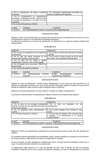 a. Por la capitalización de aforos o reaforos      a. Por cancelación debidamente autorizada de
realizados.                                        campos completamente agotados.
b Por la reclasificación de explotaciones          .
asociadas a explotación directa, cuando expire
el contrato de asociación y el campo aún sea
explotable
c Por el valor del ajuste por inflación            .

CLASE            GRUPO                          CUENTA
1. ACTIVO        15 PROPIEDADES PLANTA Y EQUIPO 1584 SEMOVIENTES

                                           DESCRIPCION

Registra el costo de los semovientes que posee el ente económico para el mejoramiento de razas, así como
los destinados al servicio en las diferentes actividades productoras.
La diferencia resultante con el precio de enajenación se registrará en la cuenta de Ingresos (Gastos) No
Operacionales.

                                               DINAMICA

DEBITOS                                            CREDITOS
a. Por el costo de adquisición de los diferentes   a. Por el valor en libros del semoviente vendido
semovientes.                                       o donado.
b Por el valor del avalúo comercial de los         b. Por el valor en libros cuando se dé de baja
semovientes recibidos como donación.               por muerte, robo o pérdida del semoviente.
c Por el valor de los costos y gastos              .
capitalizables conforme a las normas legales
d. Por el traslado de la subcuenta 134035 De       .
Semovientes
e. Por el valor del ajuste por inflación.

CLASE            GRUPO                                    CUENTA
1. ACTIVO        15  PROPIEDADES           PLANTA       Y 1588   PROPIEDADES                PLANTAY
                 EQUIPO                                   EQUIPO EN TRANSITO

                                           DESCRIPCION

Registra el costo de adquisición y demás cargos capitalizables en que incurre el ente económico en el
proceso de importación de bienes, así como en las compras nacionales, desde el momento en que inicia el
trámite de adquisición hasta cuando le sean entregados para su utilización.

Mientras los bienes permanezcan en esta condición no deben ser objeto de depreciación.

Los activos en tránsito deben ser ajustados por inflación conforme a las disposiciones vigentes.

                                               DINAMICA

DEBITOS                                            CREDITOS
a. Por el valor de las entregas anticipadas        a Por el valor        de   liquidación    de    las
durante el trámite de las importaciones hasta el   importaciones.
recibo de los activos.
b Por los traslados entre importaciones o          b. Por la parte cargada como anticipo en esta
pedidos.                                           cuenta.
c Por el valor del ajuste por inflación            c. Por las notas de traslado entre importaciones
                                                   o pedidos, o la transferencia a la cuenta
                                                   correspondiente.

CLASE            GRUPO                          CUENTA
1. ACTIVO        15 PROPIEDADES PLANTA Y EQUIPO 1592 DEPRECIACION ACUMULADA

                                           DESCRIPCION

Registra el monto de la depreciación calculada por el ente económico sobre la base del costo ajustado por
inflación.

Se consideran bienes depreciables las propiedades, planta y equipo tangibles con excepción de los terrenos,
las construcciones e importaciones en curso y la maquinaria en montaje.

En todo inmueble, se debe desagregar contablemente previo concepto de perito avaluador cuando sea el
caso, el importe atribuible al terreno y a la construcción.

La depreciación debe basarse en la vida útil estimada del bien. Para la fijación de ésta es necesario
considerar el deterioro por el uso y la acción de factores naturales, así como la obsolescencia por avances
 