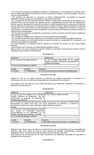 - Por concepto de mejoras a propiedades tomadas en arrendamiento, se amortizarán en el período menor
entre la vigencia del respectivo contrato (sin tener en cuenta las prórrogas) y su vida útil probable, cuando su
costo no es reembolsable.
- Por concepto de descuento en colocación de Bonos Obligatoriamente Convertibles en Acciones
(BOCEAS), durante el plazo para la redención o conversión de los títulos.
- Por concepto del Impuesto de Renta Diferido "Débito" por Diferencias Temporales, se amortizarán en el
momento mismo que se cumplan los requisitos de Ley y reglamentarios de que tratan las disposiciones
fiscales, según la naturaleza de la deducción pertinente o cuando desaparezcan las causas que la originaron
para las derivadas de protección de inversiones, bienes recibidos en pago o gastos estimados para atender
contingencias; para estos efectos no será deducible la pérdida en enajenación de acciones o cuotas de
interés social; su amortización se hará directamente contra la provisión del impuesto de renta corriente en la
vigencia fiscal correspondiente.
- Por concepto de publicidad y propaganda se amortizarán durante un período de tiempo igual al establecido
para el ejercicio contable.
- Por concepto de impuestos, se amortizarán durante la vigencia fiscal prepagada.
- Por concepto de contribuciones y afiliaciones, se amortizarán durante el período prepagado pertinente.
- Por otros conceptos, se amortizarán durante el período estimado de recuperación de la erogación o de
obtención de los beneficios esperados.
Los cargos diferidos no monetarios deberán ajustarse por inflación de acuerdo con las normas legales
vigentes.
La amortización de la corrección monetaria diferida registrada hasta la
fecha a partir de la cual se empiecen a percibir ingresos se amortizará mensualmente durante el término
establecido para el diferido correspondiente.

                                               DINAMICA

DEBITOS                                              CREDITOS
a. Por el valor de los cargos diferidos.             a. Por la parte proporcional de los cargos
                                                     diferidos ajustados imputables mensualmente al
                                                     estado de resultados.
b. Por el valor del ajuste por inflación

CLASE                GRUPO                 CUENTA
1. ACTIVO            17 DIFERIDOS          1715 COSTOS DE EXPLORACION POR AMORTIZAR

                                            DESCRIPCION

Registra el valor de los costos incurridos, en desarrollo de trabajos exploratorios no exitosos o no
comerciales y que por su condición de inexplotables son susceptibles de amortización.

Esta cuenta es de uso exclusivo de los entes económicos que desarrollan actividades de exploración y
explotación de hidrocarburos.

                                               DINAMICA

DEBITOS                                              CREDITOS
a. Por el valor del traslado de la subcuenta         a. Por la venta o cesión del activo.
150825 Proyectos de exploración, una vez
determinada su potencial de existencias o
inexistencias petroleras.
b. Por el valor del costo total de perforación que   b. Por el cruce con la subcuenta 179805 Costos
técnicamente se define como seco, por no             de Exploración por Amortizar, al culminar la
encontrarse existencia de crudo suficiente para      amortización respectiva.
extraer.
c. Por el valor del costo de perforación en pozos
que aunque se compruebe existencias,
comercialmente no son explotables por su
calidad, dificultad para explotarlo o cantidad.
d. Por el valor del ajuste por inflación

CLASE                GRUPO                     CUENTA
1. ACTIVO            17 DIFERIDOS              1720 COSTOS DE EXPLOTACION Y DESARROLLO

                                            DESCRIPCION

Registra el valor de los costos incurridos en la perforación de pozos de desarrollo y que son susceptibles de
amortizar, tales como costos de mano de obra, servicios de registros, cementaciones, inspecciones,
despejes de terreno, construcción de vías de acceso al pozo productor, entre otros.
Esta cuenta es de uso exclusivo de los entes económicos que desarrollan actividades de exploración y
explotación de hidrocarburos.

                                               DINAMICA
 