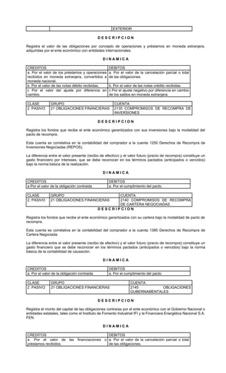 EXTERIOR

                                             DESCRIPCION

Registra el valor de las obligaciones por concepto de operaciones y préstamos en moneda extranjera,
adquiridas por el ente económico con entidades internacionales.

                                               DINAMICA

CREDITOS                                           DEBITOS
a. Por el valor de los préstamos y operaciones     a. Por el valor de la cancelación parcial o total
recibidos en moneda extranjera, convertidos a      de las obligaciones.
moneda nacional.
b. Por el valor de las notas débito recibidas.     b. Por el valor de las notas crédito recibidas
c Por el valor del ajuste por diferencia en        c Por el ajuste negativo por diferencia en cambio
cambio.                                            de los saldos en moneda extranjera.

CLASE          GRUPO                                  CUENTA
2. PASIVO      21 OBLIGACIONES FINANCIERAS            2135 COMPROMISOS DE RECOMPRA DE
                                                      INVERSIONES

                                             DESCRIPCION

Registra los fondos que recibe el ente económico garantizados con sus inversiones bajo la modalidad del
pacto de recompra.

Esta cuenta es correlativa en la contabilidad del comprador a la cuenta 1250 Derechos de Recompra de
Inversiones Negociadas (REPOS).

La diferencia entre el valor presente (recibo de efectivo) y el valor futuro (precio de recompra) constituye un
gasto financiero por intereses, que se debe reconocer en los términos pactados (anticipados o vencidos)
bajo la norma básica de la realización.

                                               DINAMICA

CREDITOS                                           DEBITOS
a Por el valor de la obligación contraida          a. Por el cumplimiento del pacto.

CLASE          GRUPO                                CUENTA
2. PASIVO      21 OBLIGACIONES FINANCIERAS          2140 COMPROMISOS DE RECOMPRA
                                                    DE CARTERA NEGOCIADAS
                                             DESCRIPCION

Registra los fondos que recibe el ente económico garantizados con su cartera bajo la modalidad de pacto de
recompra.

Esta cuenta es correlativa en la contabilidad del comprador a la cuenta 1385 Derechos de Recompra de
Cartera Negociada.

La diferencia entre el valor presente (recibo de efectivo) y el valor futuro (precio de recompra) constituye un
gasto financiero que se debe reconocer en los términos pactados (anticipados o vencidos) bajo la norma
básica de la contabilidad de causación.

                                               DINAMICA

CREDITOS                                           DEBITOS
a. Por el valor de la obligación contraida         a. Por el cumplimiento del pacto

CLASE          GRUPO                                            CUENTA
2. PASIVO      21 OBLIGACIONES FINANCIERAS                      2145         OBLIGACIONES
                                                                GUBERNAMENTALES

                                             DESCRIPCION

Registra el monto del capital de las obligaciones contraías por el ente económico con el Gobierno Nacional o
entidades estatales, tales como el Instituto de Fomento Industrial IFI y la Financiera Energética Nacional S.A.
FEN.

                                               DINAMICA

CREDITOS                                DEBITOS
a. Por el valor de las financiaciones o a. Por el valor de la cancelación parcial o total
préstamos recibidos.                    de las obligaciones.
 