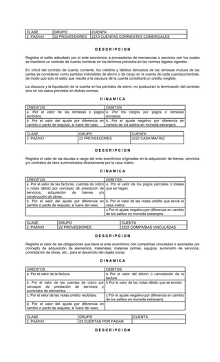 CLASE             GRUPO                  CUENTA
2. PASIVO         22 PROVEEDORES         2215 CUENTAS CORRIENTES COMERCIALES


                                            DESCRIPCION

Registra el saldo adeudado por el ente económico a proveedores de mercancías o servicios con los cuales
se mantiene un contrato de cuenta corriente en los términos previstos en las normas legales vigentes.

En virtud del contrato de cuenta corriente, los créditos y débitos derivados de las remesas mutuas de las
partes se consideran como partidas indivisibles de abono o de cargo en la cuenta de cada cuentacorrentista,
de modo que solo el saldo que resulte a la clausura de la cuenta constituirá un crédito exigible.

La clausura y la liquidación de la cuenta en los períodos de cierre, no producirán la terminación del contrato
sino en los casos previstos en dichas normas.

                                               DINAMICA

CREDITOS                                            DEBITOS
a. Por el valor de las remesas o pagos              a. Por los cargos por pagos o remesas
recibidos.                                          enviadas.
b. Por el valor del ajuste por diferencia en        b. Por el ajuste negativo por diferencia en
cambio o pacto de reajuste, si fuere del caso       cambio de los saldos en moneda extranjera.

CLASE                            GRUPO                              CUENTA
2. PASIVO                        22 PROVEEDORES                     2220 CASA MATRIZ


                                            DESCRIPCION

Registra el valor de las deudas a cargo del ente económico originadas en la adquisición de bienes, servicios
y/o contratos de obra suministrados directamente por la casa matriz.

                                               DINAMICA

CREDITOS                                            DEBITOS
a. Por el valor de las facturas, cuentas de cobro   a. Por el valor de los pagos parciales o totales
o notas débito por concepto de prestación de        que se hagan.
servicios,    adquisición     de    bienes    y/o
construcción de obras.
b. Por el valor del ajuste por diferencia en        b. Por el valor de las notas crédito que envíe la
cambio o pacto de reajuste, si fuere del caso       casa matriz.
                                                    c Por el ajuste negativo por diferencia en cambio
                                                    de los saldos en moneda extranjera.

CLASE                GRUPO                                   CUENTA
2. PASIVO            22 PROVEEDORES                          2225 COMPAÑIAS VINCULADAS

                                            DESCRIPCION

Registra el valor de las obligaciones que tiene el ente económico con compañías vinculadas o asociadas por
concepto de adquisición de elementos, materiales, materias primas, equipos, suministro de servicios,
contratación de obras, etc., para el desarrollo del objeto social.

                                               DINAMICA

CREDITOS                                        DEBITOS
a. Por el valor de la factura.                  a Por el valor del abono o cancelación de la
                                                factura.
b. Por el valor de las cuentas de cobro por b Por el valor de las notas débito que se envíen.
concepto de prestación de servicios y
suministro de elementos.
c. Por el valor de las notas crédito recibidas. c Por el ajuste negativo por diferencia en cambio
                                                de los saldos en moneda extranjera.
d. Por el valor del ajuste por diferencia en
cambio o pacto de reajuste, si fuere del caso.

CLASE                            GRUPO                               CUENTA
2. PASIVO                        23 CUENTAS POR PAGAR

                                            DESCRIPCION
 