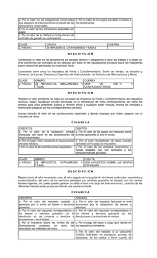 a. Por el valor de las obligaciones comerciales a. Por el valor de los pagos parciales o totales a
que adquiere el ente económico producto de las los beneficiarios.
operaciones comerciales.
b Por el valor de las donaciones asignadas por
pagar.
c. Por el valor de la utilidad en la liquidación de .
contratos de ganado en participación

CLASE                   GRUPO                                                  CUENTA
2. PASIVO               24 IMPUESTOS, GRAVAMENES Y TASAS

                                           DESCRIPCION

Comprende el valor de los gravámenes de carácter general y obligatorios a favor del Estado y a cargo del
ente económico por concepto de los cálculos con base en las liquidaciones privadas sobre las respectivas
bases impositivas generadas en el período fiscal.

Comprende entre otros los Impuestos de Renta y Complementarios, Sobre las Ventas, de Industria y
Comercio, de Licores, Cervezas y Cigarrillos, de Valorizaciones, de Turismo y de Hidrocarburos y Minas.

CLASE         GRUPO                                       CUENTA
2. PASIVO     24 IMPUESTOS,         GRAVAMENES          Y 2404    DE      RENTA                   Y
              TASAS                                       COMPLEMENTARIOS

                                           DESCRIPCION

Registra el valor pendiente de pago por concepto de Impuesto de Renta y Complementarios del respectivo
ejercicio, según liquidación privada efectuada en la declaración de renta correspondiente; así como los
montos para años anteriores sujetos a revisión oficial y cualquier saldo insoluto, menos los anticipos y
retenciones pagadas por los correspondientes períodos.

Incluye también el valor de las contribuciones especiales y demás recargos que deben pagarse con el
impuesto de renta.

                                              DINAMICA

CREDITOS                                            DEBITOS
a. Por el valor de la liquidación privada           a. Por el valor de los pagos del impuesto sobre
efectuada con base en las declaraciones de          la renta aplicables al año en curso.
renta presentadas
b. Por el mayor valor resultante en liquidaciones   b. Por el valor reclasificado de otras cuentas
oficiales falladas.                                 aplicadas como pago de impuestos.
c Por el valor de las contribuciones especiales.    c Por el valor de los anticipos, retenciones y
                                                    cuotas pagadas que son aplicadas a los
                                                    correspondientes períodos.

CLASE         GRUPO                                       CUENTA
2. PASIVO     24 IMPUESTOS,         GRAVAMENES          Y 2408 IMPUESTOS SOBRE LAS VENTAS
              TASAS                                       POR PAGAR

                                           DESCRIPCION

Registra tanto el valor recaudado como el valor pagado en la adquisición de bienes producidos, importados y
comercializados, así como de los servicios prestados y/o recibidos gravados de acuerdo con las normas
fiscales vigentes, los cuales pueden generar un saldo a favor o a cargo del ente económico, producto de las
diferentes transacciones ya que se trata de una cuenta corriente.

                                              DINAMICA

CREDITOS                                            DEBITOS
a. Por el valor del impuesto causado o              a. Por el valor del impuesto facturado al ente
generado por la venta de bienes o servicios         económico por la adquisición de bienes y
gravados.                                           servicios.
b. Por el valor del impuesto correspondiente a      b. Por el valor del impuesto correspondiente a
los bienes y servicios gravados por la              los bienes y servicios gravados por las
devolución en las compras o servicios a             devoluciones y anulaciones en ventas.
proveedores o contratistas
c Por el Impuesto Sobre las Ventas de las           c. Por el pago del saldo a cargo que resulte en
financiaciones causadas, así como del               los respectivos bimestres.
recaudado por intereses de mora.
                                                    d Por el valor del traslado a la subcuenta
                                                    135520 Sobrantes en liquidación privada de
                                                    impuestos, de los saldos a favor cuando se
 