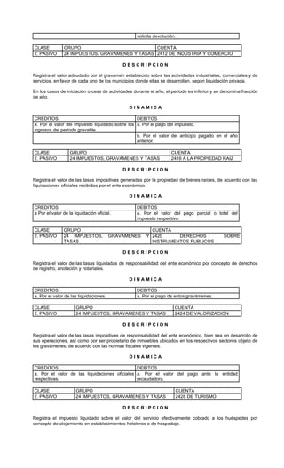 solicita devolución.

CLASE          GRUPO                            CUENTA
2. PASIVO      24 IMPUESTOS, GRAVAMENES Y TASAS 2412 DE INDUSTRIA Y COMERCIO

                                            DESCRIPCION

Registra el valor adeudado por el gravamen establecido sobre las actividades industriales, comerciales y de
servicios, en favor de cada uno de los municipios donde ellas se desarrollan, según liquidación privada.

En los casos de iniciación o cese de actividades durante el año, el período es inferior y se denomina fracción
de año.

                                               DINAMICA

CREDITOS                                         DEBITOS
a. Por el valor del impuesto liquidado sobre los a. Por el pago del impuesto.
ingresos del período gravable
                                                 b. Por el valor del anticipo pagado en el año
                                                 anterior.

CLASE              GRUPO                                           CUENTA
2. PASIVO          24 IMPUESTOS, GRAVAMENES Y TASAS                2416 A LA PROPIEDAD RAIZ

                                            DESCRIPCION

Registra el valor de las tasas impositivas generadas por la propiedad de bienes raíces, de acuerdo con las
liquidaciones oficiales recibidas por el ente económico.

                                               DINAMICA

CREDITOS                                          DEBITOS
a Por el valor de la liquidación oficial.         a. Por el valor del pago parcial o total del
                                                  impuesto respectivo.

CLASE          GRUPO                                     CUENTA
2. PASIVO      24 IMPUESTOS,            GRAVAMENES     Y 2420     DERECHOS                   SOBRE
               TASAS                                     INSTRUMENTOS PUBLICOS

                                            DESCRIPCION

Registra el valor de las tasas liquidadas de responsabilidad del ente económico por concepto de derechos
de registro, anotación y notariales.

                                               DINAMICA

CREDITOS                                          DEBITOS
a. Por el valor de las liquidaciones.             a. Por el pago de estos gravámenes.

CLASE                 GRUPO                                          CUENTA
2. PASIVO             24 IMPUESTOS, GRAVAMENES Y TASAS               2424 DE VALORIZACION

                                            DESCRIPCION

Registra el valor de las tasas impositivas de responsabilidad del ente económico, bien sea en desarrollo de
sus operaciones, así como por ser propietario de inmuebles ubicados en los respectivos sectores objeto de
los gravámenes, de acuerdo con las normas fiscales vigentes.

                                               DINAMICA

CREDITOS                                       DEBITOS
a. Por el valor de las liquidaciones oficiales a. Por el valor del pago ante la entidad
respectivas.                                   recaudadora.

CLASE                 GRUPO                                          CUENTA
2. PASIVO             24 IMPUESTOS, GRAVAMENES Y TASAS               2428 DE TURISMO

                                            DESCRIPCION

Registra el impuesto liquidado sobre el valor del servicio efectivamente cobrado a los huéspedes por
concepto de alojamiento en establecimientos hoteleros o de hospedaje.
 