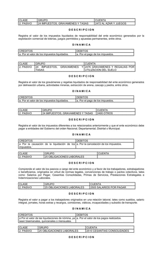 CLASE           GRUPO                                             CUENTA
2. PASIVO       24 IMPUESTOS, GRAVAMENES Y TASAS                  2472 AL AZAR Y JUEGOS

                                               DESCRIPCION

Registra el valor de los impuestos liquidados de responsabilidad del ente económico generados por la
explotación comercial de loterías, juegos permitidos y apuestas permanentes, entre otros.

                                                DINAMICA

CREDITOS                                          DEBITOS
a. Por el valor de los impuestos liquidados.      a. Por el pago de los impuestos.


CLASE         GRUPO                                     CUENTA
2. PASIVO     24 IMPUESTOS,         GRAVAMENES        Y 2476 GRAVAMENES Y REGALIAS POR
              TASAS                                     UTILIZACION DEL SUELO

                                               DESCRIPCION

Registra el valor de los gravámenes y regalías liquidados de responsabilidad del ente económico generados
por delineación urbana, actividades mineras, extracción de arena, cascajo y piedra, entre otros.

                                                DINAMICA

CREDITOS                                          DEBITOS
a. Por el valor de los impuestos liquidados.      a. Por el pago de los impuestos.


CLASE               GRUPO                                           CUENTA
2. PASIVO           24 IMPUESTOS, GRAVAMENES Y TASAS                2495 OTROS

                                               DESCRIPCION

Registra el valor de los impuestos diferentes a los relacionados anteriormente y que el ente económico debe
pagar a entidades del Gobierno del orden Nacional, Departamental, Distrital o Municipal.

                                                DINAMICA

CREDITOS                                    DEBITOS
a Por la causación de la liquidación de los a. Por la cancelación de los impuestos.
impuestos.`

CLASE                 GRUPO                                          CUENTA
2. PASIVO             25 OBLIGACIONES LABORALES

                                               DESCRIPCION

Comprende el valor de los pasivos a cargo del ente económico y a favor de los trabajadores, extrabajadores
o beneficiarios, originados en virtud de normas legales, convenciones de trabajo o pactos colectivos, tales
como: Salarios por Pagar, Cesantías Consolidadas, Primas de Servicios, Prestaciones Extralegales e
Indemnizaciones Laborales.

CLASE                 GRUPO                                   CUENTA
2. PASIVO             25 OBLIGACIONES LABORALES               2505 SALARIOS POR PAGAR

                                               DESCRIPCION

Registra el valor a pagar a los trabajadores originados en una relación laboral, tales como sueldos, salario
integral, jornales, horas extras y recargos, comisiones, viáticos, incapacidades y subsidio de transporte.

                                                DINAMICA

CREDITOS                                          DEBITOS
a Por el valor de las liquidaciones de nómina, ya a. Por el valor de los pagos realizados.
sean bisemanales, quincenales o mensuales.

CLASE            GRUPO                                     CUENTA
2. PASIVO        25 OBLIGACIONES LABORALES                 2510 CESANTIAS CONSOLIDADES

                                               DESCRIPCION
 