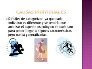  Difícilesde categorizar ya que cada
  individuo es diferente y se tendría que
  analizar el aspecto psicológico de cada uno
  para poder llegar a algunas características
  pero nunca generalizadas.
 