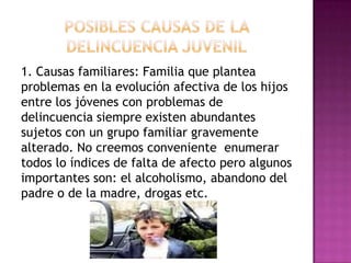 1. Causas familiares: Familia que plantea
problemas en la evolución afectiva de los hijos
entre los jóvenes con problemas de
delincuencia siempre existen abundantes
sujetos con un grupo familiar gravemente
alterado. No creemos conveniente enumerar
todos lo índices de falta de afecto pero algunos
importantes son: el alcoholismo, abandono del
padre o de la madre, drogas etc.
 