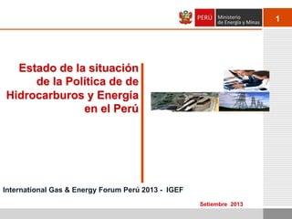 1
Setiembre 2013
Estado de la situación
de la Política de de
Hidrocarburos y Energía
en el Perú
International Gas & Energy Forum Perú 2013 - IGEF
 