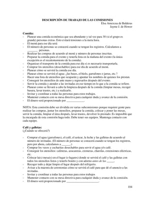 DESCRIPCIÓN DE TRABAJO DE LAS COMISIONES
                                                  Elsa Amezcua de Balderas
                                                         Jayme J. de Hower

Comida:
- Planear una comida económica que sea abundante y tal vez para 30 (si el grupo es
  grande) personas extras. Esto evitará tensiones a la mera hora.
- El menú para ese día será:
- El número de personas se conocerá cuando se tengan los registros. Calculamos a
  _______ personas.
- Realizar las compras de acuerdo al menú y número de personas inscritas.
- Preparar la comida para el evento y tenerla lista en la mañana del evento (la única
  excepción es el recalentamiento de la comida).
- Organizar el transporte de la comida para ese día si es necesario transportarla.
- Comprar los utensilios (desechables) para ese día de acuerdo al menú.
- Planear cómo se servirá la comida ese día.
- Planear cómo se servirá el agua: ¿las bases, el hielo, garrafones o jarras, etc.?
- Hacer una lista de utensilios que ocuparán y apuntar los nombres de quienes los prestan.
- Conseguir los utensilios de ante mano y regresarlos después del evento.
- Servir la comida y atender a las invitadas en ese tiempo en lo que a la comida se refiere.
- Planear como se llevará a cabo la limpieza después de la comida (limpiar mesas, recoger
  basura, lavar trastes, etc.) y realizarlo.
- Invitar y coordinar a todas las personas para estos trabajos.
- Mantener contacto con su mesa directiva para cualquier duda y avance de la comisión.
- El dinero será proporcionado por ____________.

NOTA: Esta comisión debe ser dividida en varias subcomisiones porque requiere gente para
realizar las compras, juntar los utensilios, preparar la comida, colocar y poner las mesas,
servir la comida, limpiar el área después, lavar trastes, devolver lo prestado. Es imposible que
la encargada de esta comisión haga todo. Debe tener sus equipos. Mantenga contacto con
cada equipo.

Café y galletas:
(¿Cuándo se ofrecerá?)

-   Comprar el agua (garrafones), el café, el azúcar, la leche y las galletas de acuerdo al
    número de invitadas. (El número de personas se conocerá cuando se tengan los registros,
    pero por ahora, calculamos a ______.)
-   Comprar los vasos y cucharitas desechables para servir el agua y/o café.
-   Conseguir los utensilios: cafeteras, azucareras, cremeras, charolas, extensiones eléctricas,
    etc.
-   Colocar la(s) mesa(s) en el lugar (o lugares) donde se servirá el café y las galletas con
    todos los utensilios listos y tenerlo bonito y con adorno antes de las _____.
-   Recoger todo y dejar limpio el lugar después del refrigerio.
-   Avisar a la maestra de ceremonias cómo se servirá el café para que dé el anuncio a las
    invitadas.
-   Invitar y coordinar a todas las personas para estos trabajos
-   Mantener contacto con su mesa directiva para cualquier duda y avance de la comisión.
-   El dinero será proporcionado por ______________________.
                                                                                            104
 