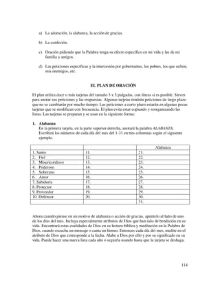 a) La adoración, la alabanza, la acción de gracias.

   b) La confesión.

   c) Oración pidiendo que la Palabra tenga su efecto específico en mi vida y las de mi
      familia y amigos.

   d) Las peticiones específicas y la intercesión por gobernantes, los pobres, los que sufren,
      mis enemigos, etc.


                                   EL PLAN DE ORACIÓN

El plan utiliza doce o más tarjetas del tamaño 3 x 5 pulgadas, con líneas si es posible. Sirven
para anotar sus peticiones y las respuestas. Algunas tarjetas tendrán peticiones de largo plazo
que no se cambiarán por mucho tiempo. Las peticiones a corto plazo estarán en algunas pocas
tarjetas que se modifican con frecuencia. El plan evita estar copiando y reorganizando las
listas. Las tarjetas se preparan y se usan en la siguiente forma:

1. Alabanza
   En la primera tarjeta, en la parte superior derecha, anotará la palabra ALABANZA.
   Escribirá los números de cada día del mes del 1-31 en tres columnas según el siguiente
   ejemplo.

                                                                           Alabanza
1. Santo                        11.                              21.
2. Fiel                         12.                              22.
3. Misericordioso               13.                              23.
4. Poderoso                     14.                              24.
5. Soberano                     15.                              25.
6. Amor                         16.                              26.
7. Sabiduría                    17.                              27.
8. Protector                    18.                              28.
9. Proveedor                    19.                              29.
10. Defensor                    20.                              30.
                                                                 31.


Ahora cuando piense en un motivo de alabanza o acción de gracias, apúntelo al lado de uno
de los días del mes. Incluya especialmente atributos de Dios que han sido de bendición en su
vida. Encontrará estas cualidades de Dios en su lectura bíblica y meditación en la Palabra de
Dios, cuando escucha un mensaje o canta un himno. Entonces cada día del mes, medite en el
atributo de Dios que corresponde a la fecha. Alabe a Dios por ello y por su significado en su
vida. Puede hacer una nueva lista cada año o seguirla usando hasta que la tarjeta se deshaga.




                                                                                           114
 