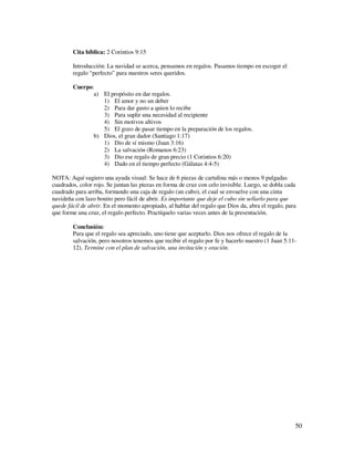 Cita bíblica: 2 Corintios 9:15

        Introducción: La navidad se acerca, pensamos en regalos. Pasamos tiempo en escoger el
        regalo “perfecto” para nuestros seres queridos.

        Cuerpo:
               a) El propósito en dar regalos.
                  1) El amor y no un deber
                  2) Para dar gusto a quien lo recibe
                  3) Para suplir una necesidad al recipiente
                  4) Sin motivos altivos
                  5) El gozo de pasar tiempo en la preparación de los regalos.
               b) Dios, el gran dador (Santiago 1:17)
                  1) Dio de sí mismo (Juan 3:16)
                  2) La salvación (Romanos 6:23)
                  3) Dio ese regalo de gran precio (1 Corintios 6:20)
                  4) Dado en el tiempo perfecto (Gálatas 4:4-5)

NOTA: Aquí sugiero una ayuda visual: Se hace de 6 piezas de cartulina más o menos 9 pulgadas
cuadrados, color rojo. Se juntan las piezas en forma de cruz con celo invisible. Luego, se dobla cada
cuadrado para arriba, formando una caja de regalo (un cubo), el cual se envuelve con una cinta
navideña con lazo bonito pero fácil de abrir. Es importante que deje el cubo sin sellarlo para que
quede fácil de abrir. En el momento apropiado, al hablar del regalo que Dios da, abra el regalo, para
que forme una cruz, el regalo perfecto. Practíquelo varias veces antes de la presentación.

        Conclusión:
        Para que el regalo sea apreciado, uno tiene que aceptarlo. Dios nos ofrece el regalo de la
        salvación, pero nosotros tenemos que recibir el regalo por fe y hacerlo nuestro (1 Juan 5:11-
        12). Termine con el plan de salvación, una invitación y oración.




                                                                                                    50
 