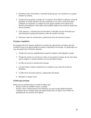 2. Enseñanza sobre el trasfondo y contenido del pasaje que van a enseñar en sus grupos
       durante esa semana.

    3. Estudio de las preguntas en grupos de 7-8 mujeres. Estas líderes recibieron su hoja de
       preguntas la semana anterior y las han contestado en sus casas y están listas para
       compartir sus respuestas. Las líderes de estos grupos pueden ser las damas de la
       directiva del ministerio. Estas líderes han recibido ayuda en una sesión de media hora
       previa al estudio.

    4. Café, anuncios, y ofrenda (para las fotocopias). Cada líder saca las fotocopias que
       necesitará para su grupo previamente y antes de escribir en la hoja.

    5. Enseñanza sobre las conclusiones y aplicaciones de la lección de la semana.

El grupo evangelístico

En cualquier día de la semana, después de la reunión de capacitación, dos damas que han
recibido la clase en la iglesia dirigen el estudio evangelístico en un hogar. Un grupo típico en
una casa puede tener el formato siguiente:

    1. Tiempo de conversar amigablemente cuando las mujeres están llegando al grupo.

    2. Tiempo de oración. La oración no se hace en las primeras semanas de una clase hasta
       que las mujeres se sientan cómodas con esta actividad cristiana.

    3. La líder da una breve introducción al pasaje.

    4. Las que forman el grupo comparten de su estudio en casa a base de la hoja de
       preguntas.

    5. La líder da las lecciones mayores y aplicaciones del pasaje.

    6. Refrigerio y tiempo social.

El liderazgo principal

Detrás de este ministerio hay un comité de líderes que:
- Decide el libro de la Biblia o temas a estudiar
- Invitan a otras a formar parte de este ministerio. Las que escogen deben demostrar
   evidencias de ser cristianas fieles que representarán bien a la iglesia local. Deben ser
   aprobadas por los ancianos de la iglesia.




                                                                                              89
 