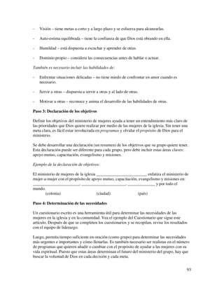 -   Visión – tiene metas a corto y a largo plazo y se esfuerza para alcanzarlas.

-   Auto-estima equilibrada – tiene la confianza de que Dios está obrando en ella.

-   Humildad – está dispuesta a escuchar y aprender de otras.

-   Dominio propio – considera las consecuencias antes de hablar o actuar.

También es necesario incluir las habilidades de:

-   Enfrentar situaciones delicadas – no tiene miedo de confrontar en amor cuando es
    necesario.

-   Servir a otras – dispuesta a servir a otras y al lado de otras.

-   Motivar a otras – reconoce y anima el desarrollo de las habilidades de otras.

Paso 3: Declaración de los objetivos

Definir los objetivos del ministerio de mujeres ayuda a tener un entendimiento más claro de
las prioridades que Dios quiere realizar por medio de las mujeres de la iglesia. Sin tener una
meta clara, es fácil estar involucrada en programas y olvidar el propósito de Dios para el
ministerio.

Se debe desarrollar una declaración (un resumen) de los objetivos que su grupo quiere tener.
Esta declaración puede ser diferente para cada grupo, pero debe incluir estas áreas claves:
apoyo mutuo, capacitación, evangelismo y misiones.

Ejemplo de la declaración de objetivos:

El ministerio de mujeres de la iglesia ________________________ enfatiza el ministerio de
mujer-a-mujer con el propósito de apoyo mutuo, capacitación, evangelismo y misiones en:
______________________, _____________________, _____________ y por todo el
mundo.
       (colonia)                       (ciudad)             (país)

Paso 4: Determinación de las necesidades

Un cuestionario escrito es una herramienta útil para determinar las necesidades de las
mujeres en la iglesia y en la comunidad. Vea el ejemplo del Cuestionario que sigue este
artículo. Después de que se completen los cuestionarios y se recopilan, revise los resultados
con el equipo de liderazgo.

Luego, permita tiempo suficiente en oración (como grupo) para determinar las necesidades
más urgentes e importantes y cómo llenarlas. Es también necesario ser realistas en el número
de programas que quieren añadir o cambiar con el propósito de ayudar a las mujeres con su
vida espiritual. Puesto que estas áreas determinan el futuro del ministerio del grupo, hay que
buscar la voluntad de Dios en cada decisión y cada meta.


                                                                                             93
 