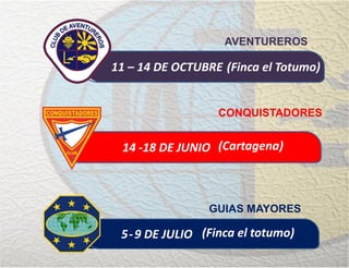 11 – 14 DE OCTUBRE
AVENTUREROS
5-9 DE JULIO
GUIAS MAYORES
14 -18 DE JUNIO
CONQUISTADORES
(Finca el Totumo)
(Cartagena)
(Finca el totumo)
 