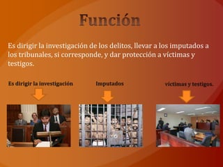Es dirigir la investigación de los delitos, llevar a los imputados a
los tribunales, si corresponde, y dar protección a víctimas y
testigos.