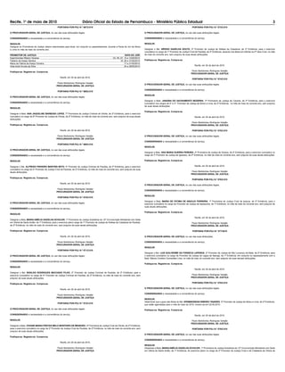 Recife, 10 de maio de 2010                                                Diário Oficial do Estado de Pernambuco - Ministério Público Estadual                                                                                                                                3
                                                PORTARIA POR-PGJ N.º 567/2.010                                                                                                            PORTARIA POR-PGJ N.º 573/2.010

O PROCURADOR-GERAL DE JUSTIÇA, no uso das suas atribuições legais;                                                                       O PROCURADOR-GERAL DE JUSTIÇA, no uso das suas atribuições legais;

CONSIDERANDO a necessidade e a conveniência do serviço,                                                                                  CONSIDERANDO a necessidade e a conveniência do serviço,

RESOLVE:                                                                                                                                 RESOLVE:
Designar os Promotores de Justiça, abaixo relacionados para atuar, em conjunto ou separadamente, durante a Pauta de Júri de Abreu
e Lima no mês de maio do corrente ano.                                                                                                   Designar o Bel. SÉRGIO GADELHA SOUTO, 5º Promotor de Justiça de Defesa da Cidadania, de 2ª Entrância, para o exercício
                                                                                                                                         cumulativo no cargo de 1º Promotor de Justiça Cível de Paulista, de 2ª Entrância, atuando nos feitos em trâmite na 2ª Vara Cível, no mês
PROMOTOR DE JUSTIÇA                                                                                                   DATA DO JÚRI       de maio do corrente ano, sem prejuízo de suas atuais atribuições.
Epaminondas Ribeiro Tavares                                                                              03, 05, 07, 10 e 12/05/2010
Fabiano de Araújo Saraiva                                                                                        19, 26 e 31/05/2010     Publique-se. Registre-se. Cumpra-se.
Maria de Fátima de Araújo Ferreira                                                                                   17 e 21/05/2010
Aída Acioli Arruda da Silva                                                                                          24 e 28/05/2010                                                         Recife, em 30 de abril de 2010.

Publique-se. Registre-se. Cumpra-se.                                                                                                                                                      Paulo Bartolomeu Rodrigues Varejão
                                                                                                                                                                                         PROCURADOR-GERAL DE JUSTIÇA
                                                   Recife, em 30 de abril de 2010.
                                                                                                                                                                                          PORTARIA POR-PGJ N.º 574/2.010
                                                Paulo Bartolomeu Rodrigues Varejão
                                                                                                                                         O PROCURADOR-GERAL DE JUSTIÇA, no uso das suas atribuições legais;
                                               PROCURADOR-GERAL DE JUSTIÇA
                                                                                                                                         CONSIDERANDO a necessidade e a conveniência do serviço,
                                                PORTARIA POR-PGJ N.º 568/2.010
                                                                                                                                         RESOLVE:
O PROCURADOR-GERAL DE JUSTIÇA, no uso das suas atribuições legais;
                                                                                                                                         Designar a Bela. JANAÍNA DO SACRAMENTO BEZERRA, 3ª Promotora de Justiça de Carpina, de 2ª Entrância, para o exercício
CONSIDERANDO a necessidade e a conveniência do serviço,                                                                                  cumulativo nos cargos de 2º e 3º Promotor de Justiça de Abreu e Lima, de 2ª Entrância, no mês de maio do corrente ano, sem prejuízo
                                                                                                                                         de suas atuais atribuições.
RESOLVE:
                                                                                                                                         Publique-se. Registre-se. Cumpra-se.
Designar a Bela. ANA JAQUELINE BARBOSA LOPES, 7ª Promotora de Justiça Criminal de Olinda, de 2ª Entrância, para o exercício
cumulativo no cargo de 8º Promotor de Justiça de Olinda, de 2ª Entrância, no mês de maio do corrente ano, sem prejuízo de suas atuais                                                        Recife, em 30 de abril de 2010.
atribuições.
                                                                                                                                                                                          Paulo Bartolomeu Rodrigues Varejão
Publique-se. Registre-se. Cumpra-se.                                                                                                                                                     PROCURADOR-GERAL DE JUSTIÇA

                                                   Recife, em 30 de abril de 2010.                                                                                                        PORTARIA POR-PGJ N.º 575/2.010

                                                Paulo Bartolomeu Rodrigues Varejão                                                       O PROCURADOR-GERAL DE JUSTIÇA, no uso das suas atribuições legais;
                                               PROCURADOR-GERAL DE JUSTIÇA
                                                                                                                                         CONSIDERANDO a necessidade e a conveniência do serviço,
                                                PORTARIA POR-PGJ N.º 569/2.010
                                                                                                                                         RESOLVE:
O PROCURADOR-GERAL DE JUSTIÇA, no uso das suas atribuições legais;
                                                                                                                                         Designar a Bela. ANA MARIA GUERRA PEREIRA, 2ª Promotora de Justiça de Goiana, de 2ª Entrância, para o exercício cumulativo no
CONSIDERANDO a necessidade e a conveniência do serviço,                                                                                  cargo de 3º Promotor de Justiça de Igarassu, de 2ª Entrância, no mês de maio do corrente ano, sem prejuízo de suas atuais atribuições.

RESOLVE:                                                                                                                                 Publique-se. Registre-se. Cumpra-se.

Designar o Bel. ALFREDO PINHEIRO MARTINS NETO, 5º Promotor de Justiça Criminal de Paulista, de 2ª Entrância, para o exercício                                                                Recife, em 30 de abril de 2010.
cumulativo no cargo de 4º Promotor de Justiça Cível de Paulista, de 2ª Entrância, no mês de maio do corrente ano, sem prejuízo de suas
atuais atribuições.                                                                                                                                                                       Paulo Bartolomeu Rodrigues Varejão
                                                                                                                                                                                         PROCURADOR-GERAL DE JUSTIÇA
Publique-se. Registre-se. Cumpra-se.
                                                                                                                                                                                          PORTARIA POR-PGJ N.º 576/2.010
                                                   Recife, em 30 de abril de 2010.
                                                                                                                                         O PROCURADOR-GERAL DE JUSTIÇA, no uso das suas atribuições legais;
                                                Paulo Bartolomeu Rodrigues Varejão
                                                                                                                                         CONSIDERANDO a necessidade e a conveniência do serviço,
                                               PROCURADOR-GERAL DE JUSTIÇA
                                                                                                                                         RESOLVE:
                                                PORTARIA POR-PGJ N.º 570/2.010
                                                                                                                                         Designar a Bela. MARIA DE FÁTIMA DE ARAÚJO FERREIRA, 1ª Promotora de Justiça Cível de Ipojuca, de 2ª Entrância, para o
O PROCURADOR-GERAL DE JUSTIÇA, no uso das suas atribuições legais;                                                                       exercício cumulativo no cargo de Promotor de Justiça de Itapissuma, de 1ª Entrância, no mês de maio do corrente ano, sem prejuízo de
                                                                                                                                         suas atuais atribuições.
CONSIDERANDO a necessidade e a conveniência do serviço,
                                                                                                                                         Publique-se. Registre-se. Cumpra-se.
RESOLVE:
                                                                                                                                                                                             Recife, em 30 de abril de 2010.
Designar a Bela. MARIA AMÉLIA GADELHA SCHULER, 1ª Promotora de Justiça Substituta da 12ª Circunscrição Ministerial com Sede
em Vitória de Santo Antão, de 1ª Entrância, para o exercício pleno cargo de 1º Promotor de Justiça de Defesa da Cidadania de Paulista,                                                    Paulo Bartolomeu Rodrigues Varejão
de 2ª Entrância, no mês de maio do corrente ano, sem prejuízo de suas atuais atribuições.                                                                                                PROCURADOR-GERAL DE JUSTIÇA

Publique-se. Registre-se. Cumpra-se.                                                                                                                                                      PORTARIA POR-PGJ N.º 577/2010

                                                   Recife, em 30 de abril de 2010.                                                       O PROCURADOR-GERAL DE JUSTIÇA, no uso das suas atribuições,

                                                Paulo Bartolomeu Rodrigues Varejão                                                       CONSIDERANDO a necessidade e a conveniência do serviço,
                                               PROCURADOR-GERAL DE JUSTIÇA
                                                                                                                                         RESOLVE:
                                                PORTARIA POR-PGJ N.º 571/2.010
                                                                                                                                         Designar o Bel. LUIZ GUILHERME DA FONSECA LAPENDA, 2º Promotor de Justiça de São Lourenço da Mata, de 2ª Entrância, para
O PROCURADOR-GERAL DE JUSTIÇA, no uso das suas atribuições legais;                                                                       o exercício cumulativo no cargo de Promotor de Justiça de Lagoa de Itaenga, de 1ª Entrância, em conjunto ou separadamente com a
                                                                                                                                         Bela. Márcia Cordeiro Guimarães Lima, no mês de maio do corrente ano, sem prejuízo de suas demais atribuições.
CONSIDERANDO a necessidade e a conveniência do serviço,
                                                                                                                                         Publique-se. Registre-se. Cumpra-se.
RESOLVE:
                                                                                                                                                                                             Recife, em 30 de abril de 2010.
Designar o Bel. NIVALDO RODRIGUES MACHADO FILHO, 2º Promotor de Justiça Criminal de Paulista, de 2ª Entrância, para o
exercício cumulativo no cargo de 4º Promotor de Justiça Criminal de Paulista, de 2ª Entrância, no mês de maio do corrente ano, sem                                                        Paulo Bartolomeu Rodrigues Varejão
prejuízo de suas atuais atribuições.                                                                                                                                                     PROCURADOR-GERAL DE JUSTIÇA

Publique-se. Registre-se. Cumpra-se.                                                                                                                                                      PORTARIA POR-PGJ N.º 578/2.010

                                                                                                                                         O PROCURADOR-GERAL DE JUSTIÇA, no uso das suas atribuições legais;
                                                   Recife, em 30 de abril de 2010.
                                                                                                                                         CONSIDERANDO a necessidade e a conveniência do serviço,
                                                Paulo Bartolomeu Rodrigues Varejão
                                               PROCURADOR-GERAL DE JUSTIÇA
                                                                                                                                         RESOLVE:
                                                                                                                                         Determinar que o gozo das férias do Bel. EPAMINONDAS RIBEIRO TAVARES, 3º Promotor de Justiça de Abreu e Lima, de 2ª Entrância,
                                                PORTARIA POR-PGJ N.º 572/2.010
                                                                                                                                         que estão agendadas para o mês de maio de 2010, iniciem-se em 20.05.2010.

O PROCURADOR-GERAL DE JUSTIÇA, no uso das suas atribuições legais;                                                                       Publique-se. Registre-se. Cumpra-se.

CONSIDERANDO a necessidade e a conveniência do serviço,                                                                                                                                      Recife, em 30 de abril de 2010.

RESOLVE:                                                                                                                                                                                  Paulo Bartolomeu Rodrigues Varejão
                                                                                                                                                                                         PROCURADOR-GERAL DE JUSTIÇA
Designar a Bela. VIVIANE MARIA FREITAS MELO MONTEIRO DE MENEZES, 4ª Promotora de Justiça Cível de Olinda, de 2ª Entrância,
para o exercício cumulativo no cargo de 2º Promotor de Justiça Cível de Paulista, de 2ª Entrância, no mês de maio do corrente ano, sem                                                    PORTARIA POR-PGJ N.º 579/2.010
prejuízo de suas atuais atribuições.
                                                                                                                                         O PROCURADOR-GERAL DE JUSTIÇA, no uso das suas atribuições legais;
Publique-se. Registre-se. Cumpra-se.
                                                                                                                                         CONSIDERANDO a necessidade e a conveniência do serviço,
                                                   Recife, em 30 de abril de 2010.
                                                                                                                                         RESOLVE:
                                                Paulo Bartolomeu Rodrigues Varejão                                                       Dispensar a Bela. MARIA AMÉLIA GADELHA SCHULER, 1ª Promotora de Justiça Substituta da 12ª Circunscrição Ministerial com Sede
                                               PROCURADOR-GERAL DE JUSTIÇA                                                               em Vitória de Santo Antão, de 1ª Entrância, do exercício pleno no cargo de 2º Promotor de Justiça Cível e de Cidadania de Vitória de
 
