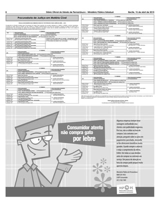 PROCURADORES                                                            PROCURADORES SESSÕES
                                                                                                                                                              DIA                      SESSÕES ORDINÁRIA S                                                     EXTRAORDINÁRIAS
                                                                                                                                                                                       Titular: VALDIR BARBOSA JÚNIOR         – 14ª Procuradoria de Justiça Cível
                                                                                                                                                                                       Titular: MARIA APARECIDA CAETANO DOS SANTOS              – 17ª Procuradoria de Justiça Cível
                                                                                                                                                              08/04 (5ª feira)         João Maria Rodrigues Filho                                              1ª - sessão extraordinária
                                                                                                                                                              ordinária 14h             (4º Procurador de Justiça Cível - convocado)                              João Maria Rodrigues Filho
                                                                                                                                                              15/04(5ª feira)          Valdir Barbosa Júnior
                                                                                                                                                              ordinária 14h            (14ª Procurador de Justiça Cível)                                        2ª - sessão extraordinária
                                                                                                                                                              22/04(5ª feira)          João Maria Rodrigues Filho                                                  Valdir Barbosa Júnior

8                                                                                          Diário Oficial do Estado de Pernambuco - Ministério Público Estadual
                                                                                                                                                              ordinária 14h
                                                                                                                                                              29/04 (5ª feira)
                                                                                                                                                                                        (4º Procurador de Justiça Cível - convocado)
                                                                                                                                                                                       Valdir Barbosa Júnior                                                      Recife, 15 de abril de 2010
                                                                                                                                                                                                                                                               3ª - sessão extraordinária
                                                                                                                                                              ordinária 14h            (14ª Procurador de Justiça Cível)                                          João Maria Rodrigues Filho

                                                                                                                                                                                                                              5ª CÂMARA
                           Procuradoria de Justiça em Matéria Cível                                                                                           DIA
                                                                                                                                                                                       PROCURADORES
                                                                                                                                                                                       SESSÕES ORDINÁRIAS
                                                                                                                                                                                                                                                       PROCURADORES SESSÕES
                                                                                                                                                                                                                                                       EXTRAORDINÁRIAS
                                                                                                                                                                                       Titular: MARIA BERNADETE A. FIGUEIROA * - 5ª Procuradoria de Justiça Cível
                                                                                                                                                                                       Titular: THEREZA CLÁUDIA DE MOURA SOUTO - 15ª Procuradoria de Justiça Cível
                             ESCALA DAS SESSÕES DAS CÂMARAS CÍVEIS DO TJPE PREVISTA PARA O MÊS DE ABRIL -2010                                                                          Titular: FRANCISCO SA LES DE ALBUQUERQUE – 18ª Procuradoria de Justiça Cível
Considerando as decisões tomadas pelos Procuradores de Justiça Cíveis presentes nas reuniões realizadas em 14/08/01 e 20/06/05, conforme publicações          07/04 (4ª feira)         Érica Lopes Cezar de Almeida                                            1ª - sessão extraordinária
Constantes do Diário Oficial do Estado nos dias 10/08/01 e 14/06/05, respectivamente, nas quais ficou acordada a adoção do sistema de rodízio para o          ordinária 09h            (5º Procurador de Justiça Cível -convocada)                                Theresa Cláudia de Moura Souto
comparecimento dos Procuradores de Justiça Cível às sessões ordinárias e, na ordem inversa, para as sessões extraordinárias do Tribun al de Justiça de        14/04(4ª feira)          Theresa Cláudia de Moura Souto
Pernambuco, faço publicar a escala prevista para o próximo mês de abril do ano de 2010.                                                                                                                                                                        2ª - sessão extraordinária
                                                                                                                                                              ordinária 09h            (15ª Procuradora de Justiça Cível)
                                                                                                                                                                                                                                                                  Francisco Sales de Albuquerque
                                                                                                                                                              28/04 (4ª feira)         Francisco Sales de Albuquerque
                                                                             1ª CÂMARA                                                                        ordinária 09h            (18º Procurador de Justiça Cível)                                       3ª - sessão extraordinária
    DIA              PROCURADORES                                              PROCURADORES SESSÕES
                                                                                                                                                                                                                                                                   Érica Lopes Cezar de Almeida
                     SESSÕES ORDINÁRIAS                                        EXTRAORDINÁRIAS
                    Titular: LUCIANA MARINHO M. M. E ALBUQUERQUE* – 02ª Procurad oria de Justiça Cível
                                                                                                                                                                                                                                         6ª CÂMARA
                    Titular: ZULENE SANTANA DE LIMA NORBERTO * – 01ª Procuradoria de Justiça Cível
 06/04(3ª feira)      José Paulo Cavalcanti Xavier Filho                                   Conforme acordo verbal todas as sessões extraordinárias dessa      DIA                      PROCURADORES                                                       PROCURADORES SESSÕES
 ordinária 14h       (01ª Procurador de Justiça Cível -convocado)                          Câmara serão realizadas por Eleonora Marise da Silva Rodrigues                              SESSÕES ORDINÁRIAS                                                 EXTRAORDINÁRIAS
                                                                                           (2ª Procuradora de Justiça Cível -convocada)                                                Titular: LÚCIA DE FÁTIMA SOUZA RIBEIRO - 11ª Procuradoria de Justiça Cível
 13/04(3ª feira)      José Paulo Cavalcanti Xavier Filho
 ordinária 14h       (01ª Procurador de Justiça Cível -convocado)                                                                                                                      Titular: JOÃO ANTÕNIO DE A. FREITAS HENRIQUES – 16ª Procuradoria de Justiça Cível
 20/04(3ª feira)     José Paulo Cavalcanti Xavier Filho                                                                                                       06/04(3ª feira)          Nelma Ramos Maciel Quaiotti                                              1ª - sessão extraordinária
 ordinária 14h       (01ª Procurador de Justiça Cível -convocado)                                                                                             ordinária 14h            (7ª Procuradora de Justiça Cível -convocada)                               João Antônio de A . Freitas Henriques
 27/04(3ª feira)      José Paulo Cavalcanti Xavier Filho                                                                                                      13/04(3ª feira)           João Antônio de A . Freitas Henriques
 ordinária 14h       (01ª Procurador de Justiça Cível -convocado)                                                                                                                                                                                               2ª - sessão extraordinária
                                                                                                                                                              ordinária 14h            (16º Procurador de Justiça Cível)                                           Nelma Ramos Maciel Q uaiotti
                                                                                                                                                              20/04(3ª feira)          Nelma Ramos Maciel Quaiotti
                                                                  2ª CÂMARA
                                                                                                                                                              ordinária 14h            (7ª Procurad ora de Justiça Cível -convocada)                            3ª - sessão extraordinária
                           PROCURADORES                                                    PROCURADORES SESSÕES                                                                                                                                                  João Antônio de A . Freitas Henriques
 DIA                       SESSÕES ORDI NÁRIAS                                             EXTRAORDINÁRIAS                                                    27/04(3ª feira)          João Antônio de A . Freitas Henriques
                           Titular: MARIA HELENA NUNES LYRA – 03ª Procuradoria de Justiça Cível                                                               ordinária 14h            (16º Procurador de Justiça Cível)
                           Titular: NELMA RAMOS MACIEL QUAIOTTI              - 7ª Procuradoria de Justiça Cível
                                                                                                                                                                                                                              7ª CÂMARA
 07/04(4ª feira)           Judith Pinheiro Silveira Borba                                             1ª - sessão extraordinária
 ordinária 14h             (11ª Procuradora de Justiça Cível -convocada)                                  Maria Helena Nunes Lyra                                                      PROCURADORES                                                     PROCURADORES SESSÕES
                                                                                                                                                              DIA                      SESSÕES ORDINÁRIAS                                               EXTRAORDINÁRIAS
 14/04(4ª feira)           Maria Helena Nunes Lyra
 ordinária 14h             (3ª Procuradora de Justiça Cível)                                          2ª - sessão extraordinária                                                       Titular: LAIS COELHO TEIXEIR A CAVALCANTI – 09ª Procuradoria de Justiça Cível
 28/04(4ª feira)           Judith Pinheiro Silveira Borba                                                Judith Pinheiro Silveira Borba                                                Titular: ANA DE FÁTIMA QUEIROZ SIQUEIRA SANTOS * – 13ª Procuradoria de Justiça Cível
 ordinária 14h             (11ª Procuradora de Justiça Cível -convocada)                                                                                                               Titular: PAULO BARTOLOMEU RODRIGUES VAREJÃO * – 12ª Procuradoria de Justiça Cível
                                                                                                      3ª - sessão extraordinária
                                                                                                          Maria Helena Nunes Lyra                             06/04(3ª feira)          Deluse Amaral Rolim Florentino                                           1ª - sessão extraordinária
                                                                                                                                                              ordinária 14h             (09ª Procuradora de Justiça Cível)                                         Daisy Maria de Andrade Costa Pereira
                                                                   3ª CÂMARA                                                                                  13/04(3ª feira)          Daisy Maria de Andrade Costa Pereira
                                                                                                                                                              ordinária 14h             (12ª Procuradora de Justiça Cível - convocada)                          2ª - sessão extraordinária
                           PROCURADORES                                                    PROCURADORES SESSÕES
                                                                                                                                                              20/04(3ª feira)          Ana Maria do Amaral Marinho                                                  Deluse Amaral Rolim Florentino
 DIA                       SESSÕES ORDINÁRIAS                                              EXTRAORDINÁRIAS
                           Titular: ITAMAR DIAS NOROÑHA – 8ª Procuradoria de Justiça Cível                                                                    ordinária 14h            (13ª Procuradora de Justiça Cível)
                                                                                                                                                              27/04(3ª feira)          Deluse Amaral Rolim Florentino                                           3ª - sessão extraordinária
                           Titular: IZABEL CRISTINA DE N. DE S. SANTOS           -10ª Procuradoria de Justiça Cível                                           ordinária 14h             (09ª Procuradora de Justiça Cível)                                         Ana Maria do Amara l Marinho
 08/04 (5ª feira)          Itamar Dias Noronha                                                        1ª - sessão extraordiná ria
 ordinária 14h             (08ª Procuradora de Justiça Cível)                                             Itamar Dias Noronha                                                                                                            8ª CÂMARA
 15/04(5ª feira)           Izabel Cristina de Novaes de Souza Santos                                                                                                                   PROCURADORES                                                              PROCURADORES SESSÕES
 ordinária 14h              (10ª Procuradora de Justiç a Cível)                                       2ª - sessão extraordinária                              DIA                      SESSÕES ORDINÁRIAS                                                        EXTRAORDINÁRIAS
 22/04(5ª feira)           Itamar Dias Noronha                                                           Izabel Cristina de N. de Souza Santos                                         Titular: MARIA BETÃNIA SILVA * – 04ª Procuradoria de Justiça Cível
 ordinária 14h             (08ª Procuradora de Justiça Cível)
                                                                                                      3ª - sessão extraordinária                                                       Titular: IVAN WILSON PORTO – 06ª Procuradoria de Justiça Cível
 29/04 (5ª feira)          Izabel Cristina de Novaes de Souza Santos
 ordinária 14h              (10ª Procuradora de Justiça Cível)                                             Itamar Dias Noronha                                08/04 (5ª feira)          Maria Aparecida Caetano dos Santos                                       1ª - sessão extraordinária
                                                                                                                                                              ordinária 14h            (17º Procuradora de Justiça Cível                                             Ivan Wilson Porto
                                                                                                                                                              15/04(5ª feira)          Ivan Wilson Porto
                                                                             4ª CÂMARA                                                                        ordinária 14h            (06ª Procurador de Justiça Cível)                                         2ª - sessão extraordinária
                            PROCURADORES                                                            PROCURADORES SESSÕES                                                                                                                                            Maria Aparecida Caetano dos Santos
 DIA                        SESSÕES ORDINÁRIA S                                                     EXTRAORDINÁRIAS                                           22/04(5ª feira)          Maria Aparecida Caetano dos Santos
                                                                                                                                                              ordinária 14h            (17º Procuradora de Justiça Cível)                                        3ª - sessão extraordinária
                            Titular: VALDIR BARBOSA JÚNIOR         – 14ª Procuradoria de Justiça Cível
                                                                                                                                                              29/04 (5ª feira)         Ivan Wilson Porto                                                            Ivan Wilson Porto
                            Titular: MARIA APARECIDA CAETANO DOS SANTOS – 17ª Procuradoria de Justiça Cível
                                                                                                                                                              ordinária 14h            (06ª Procurador de Justiça Cível)
 08/04 (5ª feira)           João Maria Rodrigues Filho                                                 1ª - sessão extraordinária
 ordinária 14h               (4º Procurador de Justiça Cível - convocado)                                 João Maria Rodrigues Filho
                                                                                                                                                             OBS: Esta escala poderá ser modificada por necessidade de serviço para atendimento às sessões extraordinárias que forem convocadas, ou por acordo entre os
 15/04(5ª feira)            Valdir Barbosa Júnior                                                                                                            Membros. (*) Membros impedidos te mporariamente por motivo de férias, licença ou exercício de outro cargo.
 ordinária 14h              (14ª Procurador de Justiça Cível)                                           2ª - sessão extraordinária                           Recife, 06 de abril de 2010.
 22/04(5ª feira)            João Maria Rodrigues Filho                                                     Valdir Barbosa Júnior
 ordinária 14h               (4º Procurador de Justiça Cível - convocado)                                                                                                                                           Izabel Cristina de Novaes de Souza Santos
 29/04 (5ª feira)           Valdir Barbosa Júnior                                                      3ª - sessão extraordinária                                                                                          10ª Procuradora de Justiça Cível
 ordinária 14h              (14ª Procurador de Justiça Cível)                                             João Maria Rodrigues Filho                                                                     Coordenadora da Procuradoria de Justiça em Matéria Cível em exercício

                                                                   5ª CÂMARA
                            PROCURADORES                                                    PROCURADORES SESSÕES
 DIA                        SESSÕES ORDINÁRIAS                                              EXTRAORDINÁRIAS
                            Titular: MARIA BERNADETE A. FIGUEIROA * - 5ª Procuradoria de Justiça Cível
                            Titular: THEREZA CLÁUDIA DE MOURA SOUTO - 15ª Procuradoria de Justiça Cível
                            Titular: FRANCISCO SA LES DE ALBUQUERQUE – 18ª Procuradoria de Justiça Cível
 07/04 (4ª feira)           Érica Lopes Cezar de Almeida                                               1ª - sessão extraordinária
 ordinária 09h              (5º Procurador de Justiça Cível -convocada)                                   Theresa Cláudia de Moura Souto
 14/04(4ª feira)            Theresa Cláudia de Moura Souto
                                                                                                       2ª - sessão extraordinária
 ordinária 09h              (15ª Procuradora de Justiça Cível)
                                                                                                          Francisco Sales de Albuquerque
 28/04 (4ª feira)           Francisco Sales de Albuquerque
 ordinária 09h              (18º Procurador de Justiça Cível)                                          3ª - sessão extraordinária
                                                                                                           Érica Lopes Cezar de Almeida

                                                                             6ª CÂMARA

 DIA                       PROCURADORES                                                       PROCURADORES SESSÕES
                           SESSÕES ORDINÁRIAS                                                 EXTRAORDINÁRIAS
                           Titular: LÚCIA DE FÁTIMA SOUZA RIBEIRO - 11ª Procuradoria de Justiça Cível
                           Titular: JOÃO ANTÕNIO DE A. FREITAS HENRIQUES – 16ª Procuradoria de Justiça Cível
 06/04(3ª feira)            Nelma Ramos Maciel Quaiotti                                                1ª - sessão extraordinária
 ordinária 14h              (7ª Procuradora de Justiça Cível -convocada)                                 João Antônio de A . Freitas Henriques
 13/04(3ª feira)             João Antônio de A . Freitas Henriques
                                                                                                       2ª - sessão extraordinária
 ordinária 14h              (16º Procurador de Justiça Cível)                                             Nelma Ramos Maciel Quaiotti
 20/04(3ª feira)           Nelma Ramos Maciel Quaiotti
 ordinária 14h             (7ª Procurad ora de Justiça Cível-convocada)                                3ª - sessão extraordinária
                                                                                                        João Antônio de A . Freitas Henriques
 27/04(3ª feira)           João Antônio de A . Freitas Henriques
 ordinária 14h             (16º Procurador de Justiça Cível)

                                                                  7ª CÂMARA
                           PROCURADORES                                                     PROCURADORES SESSÕES
 DIA                       SESSÕES ORDINÁRIAS                                               EXTRAORDINÁRIAS
                           Titular: LAIS COELHO TEIXEIR A CAVALCANTI – 09ª Procuradoria de Justiça Cível
                           Titular: ANA DE FÁTIMA QUEIROZ SIQUEIRA SANTOS * – 13ª Procuradoria de Justiça Cível
                           Titular: PAULO BARTOLOMEU RODRIGUES VAREJÃO * – 12ª Procuradoria de Justiça Cível
 06/04(3ª feira)           Deluse Amaral Rolim Florentino                                               1ª - sessão extraordinária
 ordinária 14h              (09ª Procuradora de Justiça Cível)                                             Daisy Maria de Andrade Costa Pereira
 13/04(3ª feira)           Daisy Maria de Andrade Costa Pereira
 ordinária 14h              (12ª Procuradora de Justiça Cível - convocada)                              2ª - sessão extraordinária
 20/04(3ª feira)           Ana Maria do Amaral Marinho                                                      Deluse Amaral Rolim Florentino
 ordinária 14h             (13ª Procuradora de Justiça Cível)
 27/04(3ª feira)           Deluse Amaral Rolim Florentino                                               3ª - sessão extraordinária
 ordinária 14h              (09ª Procuradora de Justiça Cível)                                             Ana Maria do Amara l Marinho

                                                                             8ª CÂMARA
                           PROCURADORES                                                                 PROCURADORES SESSÕES
 DIA                       SESSÕES ORDINÁRIAS                                                           EXTRAORDINÁRIAS
                           Titular: MARIA BETÃNIA SILVA * – 04ª Procuradoria de Justiça Cível
                           Titular: IVAN WILSON PORTO – 06ª Procuradoria de Justiça Cível
 08/04 (5ª feira)           Maria Aparecida Caetano dos Santos                                          1ª - sessão extraordinária
 ordinária 14h             (17º Procuradora de Justiça Cível                                                Ivan Wilson Porto
 15/04(5ª feira)           Ivan Wilson Porto
 ordinária 14h             (06ª Procurador de Justiça Cível)                                            2ª - sessão extraordinária
                                                                                                           Maria Aparecida Caetano dos Santos
 22/04(5ª feira)           Maria Aparecida Caetano dos Santos
 ordinária 14h             (17º Procuradora de Justiça Cível)                                           3ª - sessão extraordinária
 29/04 (5ª feira)          Ivan Wilson Porto                                                               Ivan Wilson Porto
 ordinária 14h             (06ª Procurador de Justiça Cível)

OBS: Esta escala poderá ser modificada por necessidade de serviço para atendimento às sessões extraordinárias que forem convocadas, ou por acordo entre os
Membros. (*) Membros impedidos te mporariamente por motivo de férias, licença ou exercício de outro cargo.
Recife, 06 de abril de 2010.

                                                         Izabel Cristina de Novaes de Souza Santos
                                                                10ª Procuradora de Justiça Cível
                                                    Coordenadora da Procuradoria de Justiça em Matéria Cível
                                                                          em exercício
 