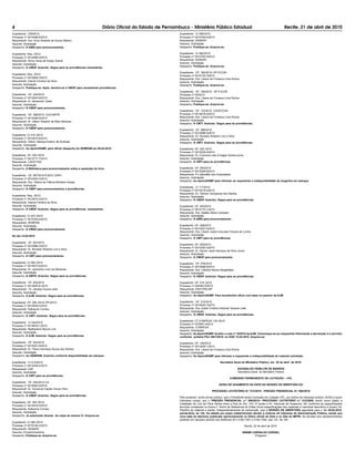 4                                                                   Diário Oficial do Estado de Pernambuco - Ministério Público Estadual                                                     Recife, 21 de abril de 2010
Expediente: 039/2010                                                                                   Expediente: CI 085/2010
Processo nº 0014496-6/2010                                                                             Processo nº 0014784-6/2010
Requerente: Dra. Kívia Roberta de Souza Ribeiro                                                        Requerente: DEMAPE
Assunto: Solicitação                                                                                   Assunto: Solicitação
Despacho: À AMSI para pronunciamento.                                                                  Despacho: Publique-se..Arquive-se.

Expediente: Req. /2010                                                                                 Expediente: CI 082/2010
Processo nº 0012996-0/2010                                                                             Processo nº 0014783-5/2010
Requerente: Sílvia maria de Araújo Sobral                                                              Requerente: DEMAPE
Assunto: Solicitação                                                                                   Assunto: Solicitação
                                                                                                       Despacho: Publique-se. Arquive-se.
Despacho: À CMGP. Autorizo. Segue para as providências necessárias.
                                                                                                       Expediente: OF. 180/2010-18ª PJCON
Expediente: Req. /2010
                                                                                                       Processo nº 0015132-3/2010
Processo nº 0012909-3/2010                                                                             Requerente: Dra. Liliane da Fonseca Lima Rocha
Requerente: Ináuria Ferreira da Silva.                                                                 Assunto: Solicitação
Assunto: Solicitação                                                                                   Despacho: Publique-se. Arquive-se.
Despacho: Publique-se. Após, devolva-se à CMGP para necessárias providências.
                                                                                                       Expediente: OF. 169/2010 -18ª PJCON
Expediente: OF. 442/2010                                                                               Processo nº 00/2010
Processo nº 0012642-6/2010                                                                             Requerente: Dra. Liliane da Fonseca Lima Rocha
Requerente: Dr. Alexandre César                                                                        Assunto: Solicitação
Assunto: Solicitação                                                                                   Despacho: Publique-se. Arquive-se.
Despacho: À CMGP para pronunciamento.
                                                                                                       Expediente: OF. 122/2010 -CAOP/CON
Expediente: OF. 396/2010 -OUV.MPPE                                                                     Processo nº 0014818-4/2010
Processo nº 0014298-6/2010                                                                             Requerente: Dra. Liliane da Fonseca Lima Rocha
Requerente: Dr. Gilson Roberto de Melo Barbosa                                                         Assunto: Solicitação
                                                                                                       Despacho: À CMTI. Autorizo. Segue para as providências.
Assunto: Solicitação
Despacho: À CMGP para pronunciamento.
                                                                                                       Expediente: OF. 068/2010
                                                                                                       Processo nº 0014998-4/2010
Expediente: CI 016 /2010                                                                               Requerente: Dr. Ronaldo Roberto Lira e Silva
Processo nº 0012815-8/2010                                                                             Assunto: Solicitação
Requerente: Clênio Valença Avelino de Andrade                                                          Despacho: À CMTI. Autorizo. Segue para as providências.
Assunto: Solicitação
Despacho: Ao Apoio/SGMP, para oficiar despacho do DEMPAM em 09.04.2010.                                Expediente: OF. 020 /2010
                                                                                                       Processo nº 0015228-0/2010
Expediente: OF. 024 /2010                                                                              Requerente: Dr. Francisco das |Chagas Santos júnior
Processo nº 0013777-7/2010                                                                             Assunto: Solicitação
Requerente: CAOP-FAS                                                                                   Despacho: À CMTI para as providências.
Assunto: Solicitação
Despacho: À Biblioteca para pronunciamento sobre a aquisição do livro.                                 Expediente: OF. 050/2010
                                                                                                       Processo nº 0015209-8/2010
Expediente: OF. 067/2010-PJDCC-DHPI                                                                    Requerente: PJ-Jaboatão dos Guararapes
Processo nº 0014052-3/2010                                                                             Assunto: Solicitação
                                                                                                       Despacho: Ao Apoio/SGMP para informar ao requerente a indisponibilidade de longarina em estoque.
Requerente: Dra. Yélena de Fátima Monteiro Araújo-
Assunto: Solicitação
                                                                                                       Expediente: CI 117/2010
Despacho: À CMAT para pronunciamento e providências.
                                                                                                       Processo nº 0015219-0/2010
                                                                                                       Requerente: Dr. Tilemon Gonçalves dos Santos
Expediente: Req. /2010                                                                                 Assunto: Solicitação
Processo nº 0012910-4/2010                                                                             Despacho: À CMGP. Autorizo. Segue para as providências.
Requerente: Ináuria Ferreira da Silva
Assunto: Solicitação                                                                                   Expediente: OF. 003/2010
Despacho: À CMGP. Autorizo. Segue para as providências necessárias.                                    Processo nº 0015175-1/2010
                                                                                                       Requerente: Dra. Natália Maria Campelo
Expediente: CI 023 /2010                                                                               Assunto: Solicitação
Processo nº 0015764-5/2010                                                                             Despacho: À AMSI para pronunciamento.
Requerente: DEMPAM
Assunto: Solicitação                                                                                   Expediente: OF. 006/2010
Despacho: À CMAD para pronunciamento.                                                                  Processo nº 0014207-5/2010
                                                                                                       Requerente: Dra. Liliane Jubert Gouveia Finizola da Cunha
No dia 14.04.2010                                                                                      Assunto: Solicitação
                                                                                                       Despacho: À CMTI para as providências.
Expediente: OF. 067/2010
                                                                                                       Expediente: OF. 055/2010
Processo nº 0014996-2/2010
                                                                                                       Processo nº 0015320-2/2010
Requerente: Dr. Ronaldo Roberto Lira e Silva
                                                                                                       Requerente: Dr. Darwin José Henrique da Silva Júnior
Assunto: Solicitação
                                                                                                       Assunto: Solicitação
Despacho: À CMTI para pronunciamento.                                                                  Despacho: À CMGP para pronunciamento.
Expediente: CI 085 /2010                                                                               Expediente: OF. 078/2010
Processo nº 0014973-6/2010                                                                             Processo nº 0015488-8/2010
Requerente: Dr. Leonardo Lúcio de Menezes                                                              Requerente: Dra. Cláudia Ramos Magalhães
Assunto: Solicitação                                                                                   Assunto: Solicitação
Despacho: À DMTR. Autorizo. Segue para as providências.                                                Despacho: À CMGP. Autorizo. Segue para as providências.

Expediente: OF. 054/2010                                                                               Expediente: OF. 016 /2010
Processo nº 0014930-8./2010                                                                            Processo nº 004463-8/2010
Requerente: Dr. Vandeci Souza Leite                                                                    Requerente: ASSTTRA-MP
Assunto: Solicitação                                                                                   Assunto: Solicitação
Despacho: À AJM. Autorizo. Segue para as providências.                                                 Despacho: Ao Apoio/SGMP. Para encaminhar ofício com base no parecer da AJM.

Expediente: OF. 284 /2010-3ªPJDCO                                                                      Expediente: OF. 012/2010
Processo nº 0014935-4/2010                                                                             Processo nº 0014520-3/2010
Requerente: Katharine Correia                                                                          Requerente: Dra. Izabel Cristina Holanda Tavares Leite
Assunto: Solicitação                                                                                   Assunto: Solicitação
Despacho: À CMTI. Autorizo. Segue para as providências.                                                Despacho: À CMGP. Autorizo. Segue para as providências.

                                                                                                       Expediente: CT.COMPESA 135 /2010
Expediente: CI 044/2010
                                                                                                       Processo nº 007897-4/2010
Processo nº 0015679-1/2010
                                                                                                       Requerente: COMPESA
Requerente: Radharanni Moura Lins
                                                                                                       Assunto: Solicitação
Assunto: Solicitação                                                                                   Despacho: Ao Apoio/SGMP. Acolho a cota nº 16/2010 da AJM. Comunique-se ao requerente informando a devolução d o servidor
Despacho: À AJM. Autorizo. Segue para as providências.                                                 conforme portaria PGJ 4941/2010, no DOE 13.04.2010. Arquive-se.

Expediente: OF. 024/2010                                                                               Expediente: OF. 164/2010
Processo nº 0015441-6/2010                                                                             Processo nº 0012439-1/2010
Requerente: Dr. Flávio Henrique Souza dos Santos                                                       Requerente: Dra. Liliane da Fonseca Lima Rocha
Assunto: Solicitação                                                                                   Assunto: Solicitação
Despacho: Ao DEMPAM. Autorizo conforme disponibilidade em estoque.                                     Despacho: Ao Apoio/SGMP para informar a requerente a indisponibilidade do material solicitado.

Expediente: CI 012/2010                                                                                                                 Secretaria Geral do Ministério Público, em 20 de abril de 2010.
Processo nº 0015349-4/2010
Requerente: AJM                                                                                                                                       AGUINALDO FENELON DE BARROS
Assunto: Solicitação                                                                                                                                  Secretário-Geral do Ministério Público
Despacho: À CMTI para as providências.
                                                                                                                                                COMISSÃO PERMANENTE DE LICITAÇÃO – CPL
Expediente: OF. 052/2010-CA
Processo nº 0015093-0/2010                                                                                                             AVISO DE ADIAMENTO DA DATA DA SESSÃO DE ABERTURA DO
Requerente: Dr. Fernando Falcão Ferraz Filho
Assunto: Solicitação                                                                                                             PROCESSO LICITATÓRIO N.º 012/2010 - PREGÃO PRESENCIAL N.º 008/2010
Despacho: À CMGP. Autorizo. Segue para as providências.
                                                                                                       Pelo presente, venho tornar público, que o Presidente desta Comissão de Licitação-CPL, por motivo de interesse público, AVISA a quem
                                                                                                       interessar possa, que o PREGÃO PRESENCIAL n.º 008/2010– PROCESSO LICITATÓRIO n.º 012/2009, tendo como objeto a
Expediente: OF. 002 /2010
                                                                                                       Instalação de Link de Fibra Óptica entre a Rua do Sol, 143, 4º andar e Av. Visconde de Suassuna, 99, conforme as especificações
Processo nº 0014918-5/2010                                                                             técnicas constantes no Anexo-I, Termo de Referência do Edital (inclui especificações dos materiais e memorial descritivo) e Anexo VII-
Requerente: Katharine Correia                                                                          Planilha de material e planta, independentemente de transcrição, que a SESSÃO DE ABERTURA agendada para o dia 29.04.2010,
Assunto: Solicitação                                                                                   quinta-feira, às 14h, foi adiada por prazo indeterminado devido a motivos de interesse da Administração Pública, sendo sua
Despacho: Já autorizado através da cópia da mesma CI. Arquive-se.                                      nova data de abertura, publicada oportunamente no Diário oficial do Esta e no Site do MPPE. As dúvidas e/ou esclarecimentos
                                                                                                       poderão ser sanados através dos telefones (81) 3182-7361 e 3182-7362, das 12h às 18h.
Expediente: CI 089 /2010
Processo nº 0015140-2/2010                                                                                                                                   Recife, 20 de abril de 2010.
Requerente: DEMAPE
Assunto: Encaminhamento                                                                                                                                   SWAMI CARVALHO GURGEL
Despacho: Publique-se..Arquive-se.                                                                                                                               Pregoeiro
 