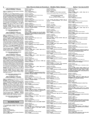 6                                                                              Diário Oficial do Estado de Pernambuco - Ministério Público Estadual                                                                      Recife, 21 de maio de 2010
         EDITAL DE PROMOÇÃO Nº. 021/2010 – PA                             Expediente: CI 1512010                                         Expediente: CI 084/2010                                          Expediente: CI 147/2010
        CRITÉRIO DE ANTIGUIDADE – 2ª ENTRÂNCIA                            Processo nº 0020663-8/2010                                     Processo nº 0015734-2/2010                                       Processo nº 0020141-8/2010
                                                                          Requerente: ESMP                                               Requerente: Jaques Cerqueira                                     Requerente: ESMP
O Exmo. Sr. Presidente do Conselho Superior do Ministério                 Assunto: Encaminhamento                                        Assunto: Comunicação                                             Assunto: Solicitação
Público, em virtude da Lei, etc.                                          Despacho: Publique-se. Arquive-se.                             Despacho: À AMPEO para informar dotação orçamentária.            Despacho: À CMAD, defiro o pedido. Segue para as
                                                                                                                                                                                                          providências necessárias.
FAZ SABER, pelo presente Edital de Promoção, aos senhores                 Expediente: OF. 0502010                                        Secretaria Geral do Ministério Público, em 20 de maio de 2010.
Promotores de Justiça, de 1ª entrância, que se achando vago o             Processo nº 0020203-7/2010                                                                                                      Expediente: s/n/2010
cargo de 3º Promotor de Justiça de São Lourenço da Mata (2ª               Requerente: Dra. Rosemilly Pollyanna Oliveira de Sousa                    AGUINALDO FENELON DE BARROS                           Processo nº 0015525-0/2010
Vara Cível Meio Ambiente, Infância e Juventude e Cidadania),              Assunto: Encaminhamento                                                            Promotor de Justiça                          Requerente: Valdelice Godoy
fica aberta a concorrência pelo critério de Antiguidade, na               Despacho: Publique-se. Arquive-se.                                    Secretário-Geral Adjunto do Ministério Público            Assunto: Requerimento
Secretaria do Conselho Superior do Ministério Público, pelo prazo                                                                                                                                         Despacho: À AJM para pronunciamento.
de 08 (oito) dias, contados a partir do 1º (primeiro) dia útil seguinte   Expediente: OF. 0552010
à 2ª (segunda) publicação do presente, no Diário Oficial do Estado        Processo nº 0019864-1/2010                                     O Exmo. Secretário Geral Adjunto do Ministério Público de        Expediente: CI 066/2010
de Pernambuco, para apresentação dos pedidos de promoção,                 Requerente: Dra. Maria José Mendonça de Holanda Queiroz        Pernambuco, Dr. Ronaldo Paes Barbosa, exarou os seguintes        Processo nº 0019393-7/2010
para o aludido cargo, de conformidade com o disposto nos §§ 1º            Assunto: Encaminhamento                                        despachos:                                                       Requerente: Assessoria Ministerial de Segurança Institucional
e 4º do art. 45, da Lei Complementar Estadual n.º 12, de 27.12.94,        Despacho: Publique-se. Arquive-se.                                                                                              Assunto: Solicitação
com as alterações da Lei Complementar n.º 21/98. DADO E                                                                                  No dia 18 e 19.05.2010:                                          Despacho: À CMGP para pronunciamento.
PASSADO, nesta Cidade do Recife, Capital do Estado de                     Expediente: CI 063/2010
Pernambuco, aos dezenove dias do mês de maio do ano de dois               Processo nº 0020896-7/2010                                                                                                      Expediente: CI 28/2010
                                                                                                                                         Expediente: OF. 128/2010
mil e dez (19.05.2010). Eu, ________________________                      Requerente: Dra. Yélena de Fátima Monteiro Araújo                                                                               Processo nº 0016868-2/2010
                                                                                                                                         Processo nº 0020050-7/2010
FERNANDO ANTÔNIO CARVALHO RIBEIRO PESSOA,                                 Assunto: Encaminhamento                                                                                                         Requerente: Departamento Ministerial de Patrimônio e Material
                                                                                                                                         Requerente: Dr. Luís Sávio Loureiro da Silveira
Coordenador de Gabinete do Procurador Geral de Justiça e                  Despacho: À CMFC para, cumpridas as formalidades legais,                                                                        Assunto: Comunicação
                                                                                                                                         Assunto: Comunicação
Secretário ad hoc do Conselho Superior do Ministério Público,             providenciar a realização da despesa.                                                                                           Despacho: À CMGP, defiro o pedido. Segue para as
                                                                                                                                         Despacho: À CMAD para pronunciamento.
mandei digitar e subscrevo.                                                                                                                                                                               providências necessárias.
                                                                          Expediente: CI 1412010
                                                                          Processo nº 0019951-7/2010                                     Expediente: OF. 35/2010
        PAULO BARTOLOMEU RODRIGUES VAREJÃO                                                                                               Processo nº 0020074-4/2010                                       Expediente: 071/2010
               Procurador-Geral de Justiça                                Requerente: ESMP                                                                                                                Processo nº 0016390-1/2010
                                                                          Assunto: Solicitação                                           Requerente: Dr. Ricardo Guerra Gabinio
                                                                                                                                         Assunto: Solicitação                                             Requerente: Dra. Erika Sampaio Cardoso Kraychete
          EDITAL DE PROMOÇÃO Nº. 022/2010 – PM                            Despacho: À ESMP. Considerando que não existe dotação                                                                           Assunto: Solicitação
                                                                          orçamentária no plano de trabalho do Convênio, autorizo a      Despacho: À CMGP para pronunciamento.
        CRITÉRIO DE MERECIMENTO – 2ª ENTRÂNCIA                                                                                                                                                            Despacho: À CMAD. Solicito colocar demanda em planilha
                                                                          disponibilização da Câmara filmadora da instituição para que                                                                    para atendimento futuro.
                                                                          seja filmado o evento.                                         Expediente: Of. 544/2010
O Exmo. Sr. Presidente do Conselho Superior do Ministério                                                                                Processo nº 0020568-3/2010
Público, em virtude da Lei, etc.                                                                                                                                                                          Expediente: s/n/2010
                                                                          Expediente: OF. 398/2010                                       Requerente: Dr. Edson José Guerra
FAZ SABER, pelo presente Edital de Promoção, aos senhores                                                                                                                                                 Processo nº 0018780-6/2010
                                                                          Processo nº 0013333-4/2010                                     Assunto: Solicitação
Promotores de Justiça, de 1ª entrância, que se achando vago o                                                                                                                                             Requerente: Departamento Ministerial de Apoio Administrativo
                                                                          Requerente: Secretaria de Educação, Esporte e Lazer            Despacho: Ao DMTR, solicitação atendida. Segue para
cargo de 4º Promotor de Justiça Criminal de Caruaru (Vara                                                                                                                                                 Assunto: Solicitação
                                                                          Assunto: Comunicação                                           arquivamento e controle.
Privativa do Júri), fica aberta a concorrência pelo critério de                                                                                                                                           Despacho: À AMPEO para informar dotação orçamentária.
Merecimento, na Secretaria do Conselho Superior do Ministério             Despacho: Ciente. Arquive-se.
                                                                                                                                         Expediente: OF. 84/2010
Público, pelo prazo de 08 (oito) dias, contados a partir do 1º                                                                                                                                            Expediente: Of. 029/2010
                                                                          Expediente: CI 009/2010                                        Processo nº 0017917-7/2010
(primeiro) dia útil seguinte à 2ª (segunda) publicação do presente,                                                                                                                                       Processo nº 0019648-1/2010
                                                                          Processo nº 003627-0/2010                                      Requerente: Eduardo Coelho Jeronymo
no Diário Oficial do Estado de Pernambuco, para apresentação                                                                                                                                              Requerente: Dr. Rômulo Siqueira França
                                                                          Requerente: Carlos Eduardo Roma Rodrigues                      Assunto: Comunicação
dos pedidos de promoção, para o aludido cargo, de conformidade                                                                                                                                            Assunto: Solicitação
                                                                          Assunto: Comunicações                                          Despacho: À CMAD, solicito colocar demanda na planilha,
com o disposto nos §§ 1º e 4º do art. 45, da Lei Complementar                                                                                                                                             Despacho: À CMAD. Solicito informar se existe previsão.
                                                                          Despacho: À AMPEO para informar dotação orçamentária.          para atendimento futuro.
Estadual n.º 12, de 27.12.94, com as alterações da Lei
Complementar n.º 21/98. DADO E PASSADO, nesta Cidade do                                                                                                                                                   Expediente: CI 015/2010
                                                                          Expediente: OF. S/N/2010                                       Expediente: 125/2010
Recife, Capital do Estado de Pernambuco, aos dezenove dias do                                                                                                                                             Processo nº 0007480-1/2010
                                                                          Processo nº 0018439-7/2010                                     Processo nº 0019157-5/2010
mês de maio do ano de dois mil e dez (19.05.2010). Eu,                                                                                                                                                    Requerente: Divisão Ministerial de Monitoramento e Análise de
                                                                          Requerente: Maria Luiza Duarte Araújo                          Requerente: Dr. Paulo Augusto de Freitas Oliveira
________________________               FERNANDO          ANTÔNIO                                                                                                                                          Contratos e Convênios.
                                                                          Assunto: Solicitação                                           Assunto: Solicitação
CARVALHO RIBEIRO PESSOA, Coordenador de Gabinete do                                                                                                                                                       Assunto : Comunicação.
                                                                          Despacho: À CMGP. Defiro o pedido. Segue para as               Despacho: À CMGP, segue para as providências necessárias.
Procurador Geral de Justiça e Secretário ad hoc do Conselho                                                                                                                                               Despacho: À CMAD. Entendo que o problema foi resolvido, no
Superior do Ministério Público, mandei digitar e subscrevo.               providências necessárias.                                                                                                       entanto solicito que seja observado para que qualquer outro
                                                                                                                                         Expediente: Of. 084 /2010
                                                                                                                                                                                                          descumprimento seja devidamente notificado.
                                                                          Expediente: Req./2010                                          Processo nº 0018928-1/2010
        PAULO BARTOLOMEU RODRIGUES VAREJÃO                                                                                               Requerente: Dr. Ronaldo Roberto Lira e Silva
               Procurador-Geral de Justiça                                Processo nº 0019485-0/2010                                                                                                      Expediente: s/n/2010
                                                                          Requerente: Elizabeth F. F. Da Paixão                          Assunto: Solicitação
                                                                                                                                         Despacho: À CMGP, segue para as providências necessárias.        Processo nº 0017133-6/2010
         EDITAL DE PROMOÇÃO Nº. 023/2010 – PA                             Assunto: Solicitação                                                                                                            Requerente: CONSERVGOMES SERVIÇOS LTDA
        CRITÉRIO DE ANTIGUIDADE – 2ª ENTRÂNCIA                            Despacho: À CMGP. Defiro o pedido. Segue para as                                                                                Assunto: Solicitação
                                                                          providências necessárias.                                      Expediente: CI 105/2010
                                                                                                                                         Processo nº 0018832-4/2010                                       Despacho: À AMPEO, solicito pronunciamento.
O Exmo. Sr. Presidente do Conselho Superior do Ministério                                                                                Requerente: Dra. Giovanna Mastroianni de Oliveira
Público, em virtude da Lei, etc.                                          Expediente: Req./2010                                                                                                           Expediente: CI 026/2010
                                                                          Processo nº 0019468-1/2010                                     Assunto: Solicitação
FAZ SABER, pelo presente Edital de Promoção, aos senhores                                                                                Despacho: À CMGP, segue para as providências necessárias.        Processo nº 0006462-0/2010
Promotores de Justiça, de 1ª entrância, que se achando vago o             Requerente: Sebastião Inácio dos Santos                                                                                         Requerente: Administração do Edifício Roberto Lyra
cargo de Promotor de Justiça de São Bento do Una (Vara                    Assunto: Solicitação                                                                                                            Assunto: Solicitação
                                                                                                                                         Expediente: Of. 067/2010
Única), fica aberta a concorrência pelo critério de Antiguidade, na       Despacho: Publique-se. Após, devolva-se à CMGP para                                                                             Despacho: À CMAD. Solicito aguardar pronunciamento que
                                                                                                                                         Processo nº 0017724-3/2010
Secretaria do Conselho Superior do Ministério Público, pelo prazo         providências necessárias.                                                                                                       estamos colhendo junto a PJ- Camaragibe.
                                                                                                                                         Requerente: Dr. Adalberto Mendes Pinto Vieira
de 08 (oito) dias, contados a partir do 1º (primeiro) dia útil seguinte                                                                  Assunto: Solicitação
à 2ª (segunda) publicação do presente, no Diário Oficial do Estado        Expediente: OF. 0242010                                                                                                         Expediente: 030/2010
                                                                                                                                         Despacho: À Gerência de Compras, solicito providenciar
de Pernambuco, para apresentação dos pedidos de promoção,                 Processo nº 0020144-2/2010                                                                                                      Processo nº 0010447-7/2010
                                                                                                                                         processo de compra para atender a demanda.
para o aludido cargo, de conformidade com o disposto nos §§ 1º            Requerente: SINDSEMPPE                                                                                                          Requerente: Eduardo Coelho Jeronymo – Administrador da Sede
e 4º do art. 45, da Lei Complementar Estadual n.º 12, de 27.12.94,        Assunto: Solicitação                                           Expediente: Of. 017/2010                                         do Paulista
com as alterações da Lei Complementar n.º 21/98. DADO E                   Despacho: À CMGP. Defiro o pedido. Segue para as               Processo nº 0018717-6/2010                                       Assunto: Solicitação
PASSADO, nesta Cidade do Recife, Capital do Estado de                     providências necessárias.                                      Requerente: Dr. Domingos Sávio Pereira Agra                      Despacho: À CMAD. Solicito informar aquelas PJ da
Pernambuco, aos dezenove dias do mês de maio do ano de dois                                                                              Assunto: Solicitação                                             impossibilidade de atendimento no referido momento devido
mil e dez (19.05.2010). Eu, ________________________                      Expediente: CI 064/2010                                        Despacho: À CMGP, segue para as providências necessárias.        ao impacto financeiro. Em tempo: Diante do quadro
FERNANDO ANTÔNIO CARVALHO RIBEIRO PESSOA,                                 Processo nº 0019904-5/2010                                                                                                      apresentado de que aquela PJ possui 4 serventes, 1 copeira,
Coordenador de Gabinete do Procurador Geral de Justiça e                  Requerente: Regina maria Queiroz de Lima                       Expediente: Of. 217/2010                                         e 1 recepcionista. Solicito informar se este quantitativo não
Secretário ad hoc do Conselho Superior do Ministério Público,             Assunto: Encaminhamento                                        Processo nº 0018724-4/2010                                       está acima das necessidades.
mandei digitar e subscrevo.                                               Despacho: Ao DEMAPA para regularização junto ao e-fisco e,     Requerente: Dr. Alexandre Augusto Bezerra
                                                                          em seguida, à CMFC para cumpridas as formalidades legais,      Assunto: Solicitação                                             Expediente: CI 030/2010
        PAULO BARTOLOMEU RODRIGUES VAREJÃO                                providenciar a realização da despesa.                          Despacho: À CMGP, segue para as providências necessárias.        Processo nº 0019090-1/2010
               Procurador-Geral de Justiça                                                                                                                                                                Requerente: Leonardo Lúcio de Menezes
                                                                          Expediente: CI. 083/2010                                       Expediente: s/n/2010                                             Assunto: Solicitação
          EDITAL DE PROMOÇÃO Nº. 024/2010 – PM                            Processo nº 0020906-8/2010                                     Processo nº 0020490-6/2010                                       Despacho: À CMAD, acredito que o melhor local a ser
        CRITÉRIO DE MERECIMENTO – 2ª ENTRÂNCIA                            Requerente: Dra. Yélena de Fátima Monteiro Araújo              Requerente: Décio de Carvalho Padilha                            disponibilizado seja a área externa ao balcão de atendimento
                                                                          Assunto: Solicitação                                           Assunto: Requerimento                                            do DEMPAM, com as adequações necessárias.
O Exmo. Sr. Presidente do Conselho Superior do Ministério                 Despacho: À CMFC para, cumpridas as formalidades legais,       Despacho: À AJM, para pronunciamento.
Público, em virtude da Lei, etc.                                          providenciar a realização da despesa.                                                                                           Expediente: CI 125/2010
FAZ SABER, pelo presente Edital de Promoção, aos senhores                                                                                Expediente: 63/2010                                              Processo s/n/2010
Promotores de Justiça, de 1ª entrância, que se achando vago o             Expediente: OF. 010/2010                                       Processo nº 0018744-6/2010                                       Requerente: CMATI
cargo de 1º Promotor de Justiça de Abreu e Lima (Defesa da                Processo nº 0020479-4/2010                                     Requerente: Dr. Geovany de Sá Leite.                             Assunto: Encaminhamento
Cidadania), fica aberta a concorrência pelo critério de                   Requerente: Dr. Luís Sávio Loureiro da Silveira                Assunto: Solicitação                                             Despacho: À AJM para pronunciamento do referido Termo.
Merecimento, na Secretaria do Conselho Superior do Ministério             Assunto: Solicitação                                           Despacho: À CMGP, segue para as providências necessárias.
Público, pelo prazo de 08 (oito) dias, contados a partir do 1º            Despacho: À CMGP para pronunciamento.                                                                                           Expediente: CI 00562010
(primeiro) dia útil seguinte à 2ª (segunda) publicação do presente,                                                                      Expediente: 60/2010                                              Processo nº 0019440-0/2010
no Diário Oficial do Estado de Pernambuco, para apresentação              Expediente: OF. 554/2010                                       Processo nº 0020548-1/2010                                       Requerente: Divisão Ministerial de Manutenção e Controle
dos pedidos de promoção, para o aludido cargo, de conformidade            Processo nº 0020529-0/2010                                     Requerente: Dra. Kívia Roberta de Souza Ribeiro                  Assunto: Solicitação
com o disposto nos §§ 1º e 4º do art. 45, da Lei Complementar             Requerente: Dr. Gilson Roberto de Melo Barbosa                 Assunto: Solicitação                                             Despacho: À CMAD. Solicito proceder com a referida
                                                                          Assunto: Solicitação                                           Despacho: À CMGP para conhecimento.                              manutenção junto a Empresa Autenticar, cujo orçamento é de
Estadual n.º 12, de 27.12.94, com as alterações da Lei
Complementar n.º 21/98. DADO E PASSADO, nesta Cidade do                   Despacho: À CMGP. Para informar a quantidade de vagas                                                                           R$ 844,00.
                                                                          oferecidas no edital do concurso e a quantidade de             Expediente: CI 148/2010
Recife, Capital do Estado de Pernambuco, aos dezenove dias do
                                                                          servidores nomeados para os respectivos cargos.                Processo nº 0020506-4/2010                                       Expediente: 446/2010
mês de maio do ano de dois mil e dez (19.05.2010). Eu,
                                                                                                                                         Requerente: Dra. Zulene Santana de Lima Norberto                 Processo nº 0000677-2/2010
________________________               FERNANDO          ANTÔNIO
                                                                          Expediente: CI 0482010                                         Assunto: Solicitação                                             Requerente: Dra. Giovanna Mastroianni de Oliveira
CARVALHO RIBEIRO PESSOA, Coordenador de Gabinete do
                                                                          Processo nº 0020907-0/2010                                     Despacho: Ao Cerimonial, segue para as providências              Assunto: Solicitação
Procurador Geral de Justiça e Secretário ad hoc do Conselho
                                                                          Requerente: Maria Christina Ramos Barboza                      necessárias.                                                     Despacho: À CMAD, solicito atender no entanto vamos decidir
Superior do Ministério Público, mandei digitar e subscrevo.                                                                                                                                               qual a data do início da prestação.
                                                                          Assunto: Solicitação
                                                                          Despacho: À Gerência de Compras. Segue para as                 Expediente: 320/2010
        PAULO BARTOLOMEU RODRIGUES VAREJÃO                                                                                               Processo nº 0020555-8/2010                                       Expediente: 130/2010
               Procurador-Geral de Justiça                                providências necessárias.
                                                                                                                                         Requerente: Dra. Kívia Roberta de Souza Ribeiro                  Processo nº 0020274-6/2010
                                                                          Expediente: CI. 025/2010                                       Assunto: Solicitação                                             Requerente: CMATI
                                                                          Processo nº 0010788-6/2010                                     Despacho: À CMGP para conhecimento.                              Assunto: Encaminhamento
                                                                                                                                                                                                          Despacho: À CMATI, solicito informar data de conclusão tanto
                                                                          Requerente: José Antônio Álvares dos Santos
                                                                                                                                         Expediente: 325/2010                                             da orçamentação quanto do processo de coletas de preços
                                                                          Assunto: Solicitação
                                                                                                                                         Processo nº 0020337-6/2010                                       com as devidas especificações para os elevadores.
                Secretaria Geral                                          Despacho: Providenciado através do Ofício SGMP nº 085/2010.
                                                                                                                                         Requerente: Dra. Liliane da Fonseca Lima Rocha
                                                                                                                                         Assunto: Solicitação                                             Expediente: 120/2010
                                                                          Expediente: Req./2010                                          Despacho: À CMAD, segue para as providências necessárias.        Processo S/N/2010
                                                                          Processo nº 0023002-7/2010                                                                                                      Requerente: Ana Patrícia de Biase S. Campos
O Exmo. Secretário Geral do Ministério Público de Pernambuco,             Requerente: Valderise Lino dos Santos                          Expediente: s/n/2010                                             Assunto: Encaminhamento
Dr. Aguinaldo Fenelon de Barros, exarou os seguintes                      Assunto: Solicitação                                           Processo nº 0020020-4/2010                                       Despacho: A CMTI, solicito incorporar os itens faltosos na
despachos:                                                                Despacho: À CMGP. Autorizo o pagamento do valor a receber      Requerente: Fernando Antônio M. Nascimento                       relação dos móveis a serem adquiridos junto com Jaboatão e
                                                                          do servidor, ora falecido, à sua esposa, conforme              Assunto: Requerimento                                            Central de Inquéritos.
No dia 19.05.2010:                                                        documentação em anexo.                                         Despacho: À CMGP para pronunciamento.
Expediente: Req./2009                                                                                                                                                                                     Expediente: 114/2010
Processo nº 0047478-3/2009/2010                                           Expediente: OF. 092/2010                                       Expediente: CI 170/2010                                          Processo S/N/2010
Requerente: Euricélia Batista Nogueira                                    Processo nº 0020415-3/2010                                     Processo nº 0020276-8/2010                                       Requerente: Ana Patrícia de Biase S. Campos
Assunto: Solicitação                                                      Requerente: Dra. Rosemary souto Maior de Almeida               Requerente: Dr. Tilemon Gonçalves dos Santos.                    Assunto: Encaminhamento
Despacho: À CMGP. Para notificar a servidora informando o                 Assunto: Solicitação                                           Assunto: Solicitação                                             Despacho: A CMATI. Solicito implementar o layout mais viável
valor a ser restituído à PGJ.                                             Despacho: À CMGP para pronunciamento.                          Despacho: À CMAD para pronunciamento.                            economicamente junto ao processo de compra.
 