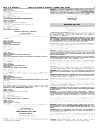Recife, 26 de maio de 2010                                          Diário Oficial do Estado de Pernambuco - Ministério Público Estadual                                                                                                                   5
Expediente: CI 044/2010                                                                                                  SESSÃO INICIAL: A ser realizada no dia 08.06.2010, terça-feira, às 14h (horário local), ou na mesma hora do primeiro dia
Processo nº 0017751-3/2010                                                                                               útil subsequente, na hipótese de não haver expediente na referida data, no Auditório da Procuradoria-Geral de Justiça, no 5º
Requerente: Dra. Yélena de Fátima Monteiro Araújo                                                                        andar do Edifício IPSEP, situado na Rua do Sol n.º 143, Santo Antônio, Recife/PE. Os interessados poderão adquirir,
Assunto: Solicitação                                                                                                     gratuitamente, o Edital e seus anexos, de segunda a sexta-feira, na sala da Comissão Permanente de Licitação -
Despacho: À CMAD. Solicito colocar na planilha para futuro atendimento.                                                  CPL/SRP desta PGJ, situada no 5º andar do endereço anteriormente citado, das 14h às 18h (horário local), mediante a
                                                                                                                         apresentação de PENDRIVE ou através do site do Ministério Público do Estado de Pernambuco: www.mp.pe.gov.br. As dúvidas
Expediente: REQ./2010                                                                                                    e/ou esclarecimentos poderão ser sanados através dos telefones (81) 3182-7343.
Processo nº 0020073-3/2010
Requerente: Marcos Henrique Vieira de Lima                                                                                                                                  Recife, 25 de maio de 2010.
Assunto: Solicitação
Despacho: À CMGP. Defiro o pedido. Segue para as providências necessárias.                                                                                                  LÉIA DOS SANTOS NEVES
                                                                                                                                                                               Pregoeira - CPL/SRP
Expediente: OF. CGMP 0441/2010
Processo nº 0013587-6/2010
Requerente: Dra. Luciana Marinho Martins Mota e Albuquerque
Assunto: Solicitação
Despacho: À CMGP. Defiro o pedido. Segue para as providências necessárias.
                                                                                                                                                                   Promotorias de Justiça
Expediente: OF. 071/2010-CAPJJG
Processo nº 0021048-6/2010
Requerente: Dr. Flávio Roberto Falcão Pedrosa                                                                                                               PROMOTORIA DE JUSTIÇA DA COMARCA DE AFRÂNIO
Assunto: Solicitação                                                                                                                                                  Curadoria do Meio Ambiente
Despacho: À CMAT para pronunciamento.
                                                                                                                                                                               PORTARIA Nº 02/2010
                             Secretaria Geral do Ministério Público, em 25 de maio de 2010.
                                                                                                                         O MINISTÉRIO PÚBLICO DO ESTADO DE PERNAMBUCO, através da Promotora de Justiça que subscreve a presente, com
                                              RONALDO PAES BARBOZA
                                                                                                                         exercício na Curadoria do Meio Ambiente da Comarca de Afrânio-PE, no uso das atribuições que lhe são conferidas pelo art.
                                      Secretário-Geral Adjunto do Ministério Público
                                                                                                                         129, III, da Constituição Federal; art. 25, IV, alínea “a” da Lei Federal n.º 8.625/93, art. 4.º, IV, alínea “a”, da Lei Estadual n.º
                                                                                                                         12/94 e art. 8.º, § 1.º da Lei n.º 7.347/85 e ainda:
O Exmo. Secretário Geral Adjunto do Ministério Público de Pernambuco, Dr. Ronaldo Paes Barbosa, exarou os seguintes
despachos:
                                                                                                                         CONSIDERANDO que o Ministério Público é instituição permanente, essencial à função jurisdicional do Estado, incumbido da
No dia 24.05.2010:                                                                                                       defesa da ordem jurídica, do regime democrático e dos interesses sociais e individuais indisponíveis, segundo disposição
                                                                                                                         contida no caput do artigo 127 da Constituição Federal que, em seu artigo 225, caput, atribui a todos os cidadãos o direito ao
Expediente: CI 077/2010                                                                                                  meio ambiente ecologicamente equilibrado, bem de uso comum do povo e essencial à sadia qualidade de vida, impondo ao
Processo nº 0020233-1/2010                                                                                               Poder Público e à coletividade o dever de defendê-lo e preservá-lo para as presentes e futuras gerações;
Requerente: Dr. EDIGAR BRAZ MENDES NUNESI
Assunto: Solicitação                                                                                                     CONSIDERANDO que a Carta Magna, em seu artigo 30, inciso V, impõe aos Municípios a organização e prestação, diretamente
Despacho: À CMTI solicito pronunciamento.                                                                                ou sob o regime de concessão ou permissão, dos serviços públicos de interesse local, incluindo-se aí o saneamento básico,
                                                                                                                         que contempla o tratamento do esgoto e dos resíduos sólidos urbanos;
Expediente: 050/2010
Processo nº 0018833-5/2010                                                                                               CONSIDERANDO que, no Estado de Pernambuco, as normas que tratam da questão de tais resíduos estão dispostas na Lei
Requerente: Antonio Batista de Moura Filho                                                                               nº 12.008/01, regulamentada pelo Decreto n. 23.941/02, classificando os Municípios como os responsáveis pelos resíduos
Assunto: Solicitação                                                                                                     sólidos urbanos gerados no âmbito do seu território;
Despacho: À CMAD. Solicito informar se existe móveis e computadores inservíveis para doação e em existindo em que
quantidade.                                                                                                              CONSIDERANDO que o art. 20 da referida Lei Estadual estabelece o Plano de Gerenciamento de Resíduos Sólidos – PGRS,
                                                                                                                         determinando que “deverá conter a estratégia geral dos responsáveis pela geração dos resíduos para proteger a saúde humana
Expediente: S/N/2010                                                                                                     e o meio ambiente, especificar medidas que incentivem a conservação e recuperação de recursos e dar condições para a
Processo nº 0020703-3/2010                                                                                               destinação final adequada”, cabendo sua elaboração aos responsáveis pela geração dos resíduos, que deverão submetê-lo à
Requerente: DEPARTAMENTO MINISTERIAL DE APOIO ADMINISTRATIVO                                                             apreciação da CPRH e Vigilância Sanitária;
Assunto: Solicitação
Despacho: Á CMAD. Solicito que seja providenciado conforme programação a devida divulgação da escala de férias.          CONSIDERANDO que incumbe à Agência Estadual de Meio Ambiente e Recursos Hídricos - CPRH e Vigilância Sanitária, em
                                                                                                                         conjunto, fixarem os critérios básicos sobre os quais deverão ser elaborados os Planos de Gerenciamento de Resíduos Sólidos
Expediente: CI 061 /2010                                                                                                 - PGRS para fins de licenciamento, na forma do § 3º, do art. 20, da Lei Estadual n. 12.008/01;
Processo nº 0013401-0/2010
Requerente: Departamento Ministerial de Apoio Administrativo                                                             CONSIDERANDO que, segundo o § 4º, do mesmo art. 20, da Lei Estadual em comento, ficam ainda sujeitos à elaboração e
Assunto: Solicitação                                                                                                     apresentação do Plano de Gerenciamento Integrado de Resíduos Sólidos o setor industrial, os estabelecimentos de serviços de
Despacho: À CMAD. Ciente.                                                                                                saúde e as demais fontes geradoras definidas no Decreto n. 23.941/02, que regulamenta a reportada Lei;

Expediente: CI 031/2010                                                                                                  CONSIDERANDO que a mesma Lei Estadual estabelece prazos para regularização e apresentação dos PGRS – art 26, da lei
Processo nº 0007280-8/2010                                                                                               estadual e que tais limites já se acham superados;
Requerente: Divisão Ministerial de Documentação e Arquivo
Assunto: Solicitação
                                                                                                                         CONSIDERANDO que, assim, desde o ano de 2001 há lei impondo aos Municípios e ao setor industrial, estabelecimentos de
Despacho: A AJM. Solicito providenciar a referida notificação
                                                                                                                         serviços de saúde e demais fontes geradoras definidas no Decreto n. 23.941/02, a elaboração dos Planos de Gerenciamento
                                                                                                                         de Resíduos Sólidos – PGRS, obrigando que os geradores de resíduos se responsabilizem pela sua adequada destinação final;
Expediente: CI 243/2010
Processo nº 0016595-8/2010
                                                                                                                         CONSIDERANDO que, ademais, em janeiro de 2007, foi editada a Lei Federal nº 11.445/07, que estabelece as diretrizes
Requerente: Departamento Ministerial de Transporte
                                                                                                                         nacionais para a questão do saneamento básico, abrangendo, por conseguinte, a problemática da destinação final dos resíduos
Assunto: Encaminhamento
                                                                                                                         sólidos;
Despacho: À CMAD. Solicito acionar o Unibanco com relação ao seguro. No tocante a abertura do PAD solicito ficha
funcional do servidor e um histórico do seu desempenho nesta Procuradoria de Justiça para subsidiar decisão.
                                                                                                                         CONSIDERANDO que, igualmente fixando prazo, a Lei Federal em questão prevê a obrigação dos Municípios de apresentarem,
Expediente: 171/2010                                                                                                     após um ano de sua edição, os respectivos Planos de Gerenciamento de Resíduos Sólidos, trazendo, além da questão da
Processo nº 0018783-0/2010                                                                                               reciclagem, também a imposição da realização da compostagem (art. 7º, II);
Requerente: Dra. Giovanna Mastroianni de Oliveira
Assunto: Solicitação                                                                                                     CONSIDERANDO que, pelo prazo fixado na Lei Federal os Municípios teriam até o dia 22 de fevereiro de 2008 para
Despacho: À CMAD. Solicito que tal alteração seja feita quando da ampliação do quadro daquelas PJ diante da ocupação     apresentarem e estarem executando o Plano Regional de Saneamento Básico, que engloba a destinação final dos resíduos
da nova Sede.                                                                                                            sólidos;

Expediente: 56/2010                                                                                                      CONSIDERANDO que no Estado de Pernambuco o quadro da disposição final dos resíduos sólidos é um problema gravíssimo,
Processo nº 0017160-6/2010                                                                                               pois a quase totalidade dos municípios e demais fontes geradoras independentes os destina aos “lixões” , depósitos a céu
Requerente: Dr. Vandeci de Souza Leite                                                                                   aberto em terra nua, ocasionando poluição do solo, das águas e do ar, além de produzirem vetores responsáveis pela
Assunto: Solicitação                                                                                                     transmissão de várias doenças ao homem; as pessoas mais carentes e miseráveis passam a exercer ali atividade degradante
Despacho: À CMAD. Acredito que o procedimento de contratação estimativa é a regra utilizada nas outras PJ’s. Portanto,   da condição humana, inclusive se alimentando de restos de alimentos;
solicito encaminhar solicitação aquela PJ para que possamos providenciar a contratação o envio de possíveis
fornecedores com seus valores. Desta feita poderemos contratar os serviços                                               CONSIDERANDO que a não apresentação e execução do Plano de Gerenciamento de Resíduos Sólidos, primeiro passo a ser
                                                                                                                         dado na direção do enfrentamento desse grave problema sócio-ambiental, evidencia uma grande omissão por parte dos
Expediente: CI 030/2010                                                                                                  Administradores Municipais;
Processo nº 0018647-8/2010
Requerente: Coordenadoria Ministerial de Finanças e Contabilidade                                                        CONSIDERANDO que a Lei nº 6938/81 disciplina que a construção, instalação, ampliação e funcionamento de
Assunto: Solicitação                                                                                                     estabelecimentos e atividades utilizadoras de recursos ambientais, considerados efetiva e potencialmente poluidores, bem
Despacho: À CMAD. Solicito atender.                                                                                      como os capazes, sob qualquer forma, de causar degradação ambiental, dependerão de prévio licenciamento de órgão estadual
                                                                                                                         competente, o que está igualmente regulamentado na Resolução n. 01/86, do Conselho Nacional do Meio Ambiente
Expediente: CI 104/2010                                                                                                  (CONAMA);
Processo nº 0021569-5/2010
Requerente: Departamento Ministerial de Infra-estrutura                                                                  CONSIDERANDO que a representação formulada pelo Sr. PAULO TARCISIO FEITOSA VALGUEIRO, dando conta que o
Assunto: Solicitação                                                                                                     Município de Dormentes/PE não dispõe de coleta seletiva e vem procedendo de forma inadequada com a destinação de seus
Despacho: À CMAD, solicito atender a CMFC no presente momento.                                                           resíduos sólidos, os quais vêm sendo lançados diretamente na terra, sem a realização de EIA/RIMA ou tomada de qualquer
                                                                                                                         cautela, inexistência de coleta seletiva, triagem ou compostagem, tudo isto contribuindo para a possível e muito provável
Expediente: CI 97/2010
                                                                                                                         ocorrência de danos ao solo, ao subsolo, ao ar atmosférico, às águas subterrâneas e superficiais, à flora, à fauna e à saúde
Processo nº 0021573-0/2010
                                                                                                                         humana, salientando-se, inclusive que o lixo hospitalar encontrava-se misturado ao lixo comum, com a presença de crianças no
Requerente: Departamento de Infra-estrutura
                                                                                                                         local;
Assunto: Solicitação
Despacho: À AMPEO. Solicito dotação no valor de $ 106.900,18 visto que não faremos a reforma de Ipojuca pois estamos
                                                                                                                         CONSIDERANDO que no local em foco seres humanos atuam na atividade de “catadores” e, na busca pela sobrevivência,
desocupando aquele imóvel.
                                                                                                                         laboram de forma absolutamente inaceitável, expondo a dignidade a saúde e a própria vida a grandes riscos, quando do
                                                                                                                         manuseio e contato direto com o material orgânico em decomposição ou contaminado, além do cortante, também igualmente
                             Secretaria Geral do Ministério Público, em 25 de maio de 2010.
                                                                                                                         contaminado;
                                              RONALDO PAES BARBOZA
                                      Secretário-Geral Adjunto do Ministério Público                                     CONSIDERANDO a grave situação de marginalidade social em que vivem tais catadores, os quais, naturalmente pouco ou
                                                                                                                         nenhum acesso possuem aos direitos assegurados a todos os cidadãos pela Constituição Federal e aqueles assegurados na
                                 COMISSÃO PERMANENTE DE LICITAÇÃO – CPL/SRP                                              Política Nacional de Assistência Social – PNAS;

                                           AVISO DE SESSÃO DE ABERTURA                                                   CONSIDERANDO a criação, pela Presidência da República, do Comitê Interministerial de Inclusão Social dos Catadores
                                                                                                                         de Lixo, coordenado pelo Ministério do Desenvolvimento Social e Combate à Fome e Ministério das Cidades, tendo, dentre
                                       DO PROCESSO LICITATÓRIO N.º 020/2010                                              seus escopos, “implementar o Projeto Interministerial Lixo e Cidadania: Combate à Fome Associado à Inclusão de Catadores e
                                                                                                                         à Erradicação de Lixões, visando garantir condições dignas de vida e trabalho à população catadora de lixo e apoiar a gestão
                           PREGÃO PRESENCIAL N.º 003/2010 PARA REGISTRO DE PREÇOS                                        e destinação adequada de resíduos sólidos nos Municípios” e “articular as políticas setoriais e acompanhar a implementação
                                                                                                                         dos programas voltados à população catadora de lixo”;
OBJETO: Aquisição, por meio de Registro de Preços, de cartuchos, toners e suprimentos para impressoras, para suprir as
necessidades da Procuradoria-Geral de Justiça do Estado de Pernambuco, conforme especificações constantes do Anexo I -   CONSIDERANDO que existem várias fontes de recursos públicos, no âmbito interno e internacional, para atender a
Termo de Referência, parte integrante do Edital.                                                                         implementação de aterros sanitários e de outras tecnologias de Mecanismo de Desenvolvimento Limpo – MDL;
 