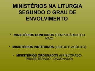 MINISTÉRIOS NA LITURGIA
SEGUNDO O GRAU DE
ENVOLVIMENTO
• MINISTÉRIOS CONFIADOS (TEMPORÁRIOS OU
NÃO)
• MINISTÉRIOS INSTITUIDOS (LEITOR E ACÓLITO)
• MINISTÉRIOS ORDENADOS (EPISCOPADO-
PRESBITERADO - DACONADO)
 