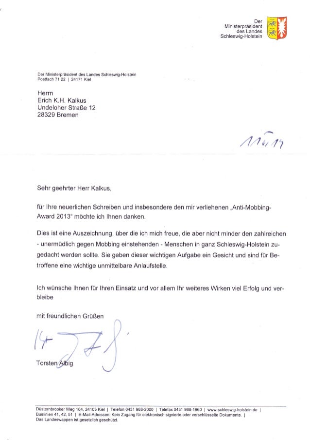 Anti Mobbing Award 2014 Brief Von Herrn Ministerpräsidenten Torsten
