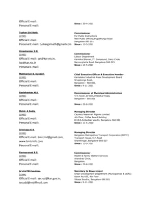 Official E-mail :
                                             Since : 30-4-2011
Personal E-mail :

Tushar Giri Nath                             Commissioner
(1993)                                       For Public Instructions
                                             New Public Offices,Nrupathunga Road
Official E-mail :                            Bangalore-560 001
Personal E-mail : tushargirinath@gmail.com   Since : 13-5-2011


Umashankar S R
(1993)                                       Commissioner
                                             Labour Department
Official E-mail : col@kar.nic.in,            Karmika Bhavan, ITI Compound, Dairy Circle
lco@kar.nic.in                               Bannerghatta Road, Bangalore-560 029
                                             Since : 13-5-2011
Personal E-mail :

Mallikarjun B. Dyaberi                       Chief Executive Officer & Executive Member
(1993)                                       Karnataka Industrial Areas Development Board
                                             Nrupatunga Road,
Official E-mail :                            Bangalore - 560 001.
Personal E-mail :                            Since : 9-11-2011


Ravishankar M S                              Commissioner of Municipal Administration
(1993)                                       V.V.Tower, Dr B.R.Ambedkar Road,
                                             Bangalore - 560 001
Official E-mail :
Personal E-mail :                            Since : 29-8-2011


Mohd. A Sadiq                                Managing Director
(1993)                                       Cauvery Neeravari Nigama Limited
                                             4th Floor, Coffee Board Building
Official E-mail :                            Dr.B.R.Ambedkar Veedhi, Bangalore-560 001
Personal E-mail :                            Since : 11-6-2010


Srinivasa K R
(1993)                                       Managing Director
                                             Bangalore Metropolitan Transport Corporation (BMTC)
Official E-mail : bmtcmd@gmail.com,          Transport House, K.H.Road
www.bmtcinfo.com                             Shanthingar, Bangalore-560 027
                                             Since : 13-5-2011
Personal E-mail :

Ramaprasad B S                               Commissioner
(1993)                                       Health & Family Welfare Services
                                             Anandrao Circle,
Official E-mail :                            Bangalore.
Personal E-mail :                            Since : 29-8-2011


Arvind Shrivastava                           Secretary to Government
(1994)                                       Urban Development Department (Municipalities & UDAs)
                                             Room No.435, 4th Floor
Official E-mail : sec-ud@kar.gov.in;         Vikasa Soudha, Bangalore-560 001
secudd@rediffmail.com                        Since : 9-11-2011
 
