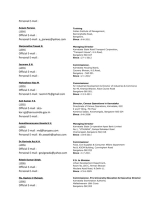 Personal E-mail :

Anjum Parwez                            Training
(1994)                                  Indian Institute of Management,
                                        Bannerghatta Road,
Official E-mail :                       Bangalore.
Personal E-mail : a_parwez@yahoo.com    Since : 6-6-2011


Manjunatha Prasad N                     Managing Director
(1994)                                  Karnataka State Road Transport Corporation,
                                        "Transport House", K.H.Road,
Official E-mail :                       Bangalore-560 027
Personal E-mail :                       Since : 27-1-2012


Jayaram S N                             Commissioner,
(1994)                                  Karnataka Housing Board,
                                        Cauvery Bhavan, K.G.Road,
Official E-mail :                       Bangalore - 560 001.
Personal E-mail :                       Since : 2-1-2012


Maheshwar Rao M                         Commissioner
(1995)                                  for Industrial Development & Director of Industries & Commerce
                                        No 49, Khanija Bhavan, Race Course Road
Official E-mail :                       Bangalore-560 001.
Personal E-mail : raomm71@gmail.com     Since : 13-5-2011


Anil Kumar T K
(1995)                                  Director, Census Operations in Karnataka
                                        Directorate of Census Operations, Karnataka, GOI
Official E-mail : dco-                  E and F Wing, 7th Floor
kar.rgi@sensusindia.gov.in              Kendriya Sadan, Koramangala, Bangalore-560 034
                                        Since : 9-6-2008
Personal E-mail :

Aswathanarayana Gowda K H               Managing Director
(1995)                                  Karnataka State Co-operative Apex Bank Limited
                                        No.1, "UTHUNGA", Pampa Mahakavi Road
Official E-mail : md@karapex.com        Chamarajpet, Bangalore-560 018
Personal E-mail : kh.aswath@yahoo.com   Since : 18-8-2011


Dr.Govinda Raj K H                      Commissioner
(1995)                                  Food, Civil Supplies & Consumer Affairs Department
                                        No.8, KSCM Building, Cunningham Road
Official E-mail :                       Bangalore-560 052
Personal E-mail : govigowda@yahoo.com   Since : 4-7-2011


Ritesh Kumar Singh                      P.S. to Minister
(1996)                                  Urban Development Department,
                                        Room No.105-C, Nirman Bhavan
Official E-mail :                       Moulana Azad Road, N.Delhi-11.
Personal E-mail :                       Since : 23-6-2009


Ms. Rashmi V Mahesh                     Commissioner, Pre-University Education & Executive Director
(1996)                                  Karnataka Examination Authority
                                        Malleshwaram 18th Cross
Official E-mail :                       Bangalore-560 003
 