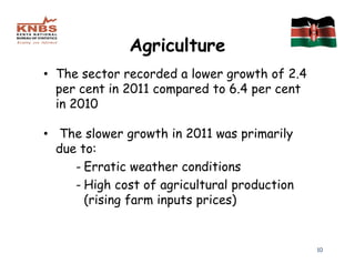 Agriculture
• The sector recorded a lower growth of 2.4
  per cent in 2011 compared to 6.4 per cent
  in 2010

• The slower growth in 2011 was primarily
  due to:
     - Erratic weather conditions
     - High cost of agricultural production
       (rising farm inputs prices)


                                              10
 
